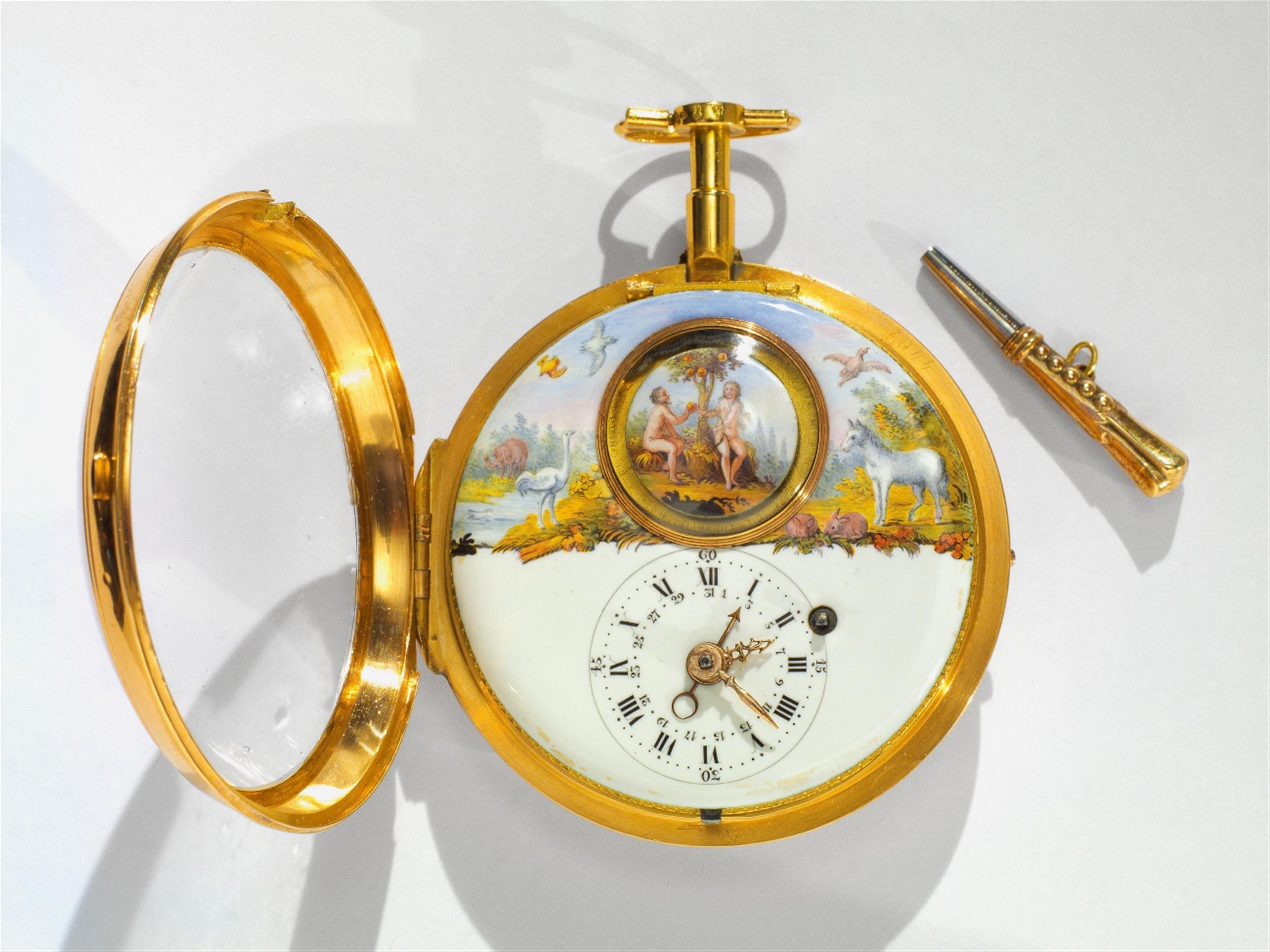 An 18k gold and enamel openface pocketwatch with verge escapement and an automaton - image-1