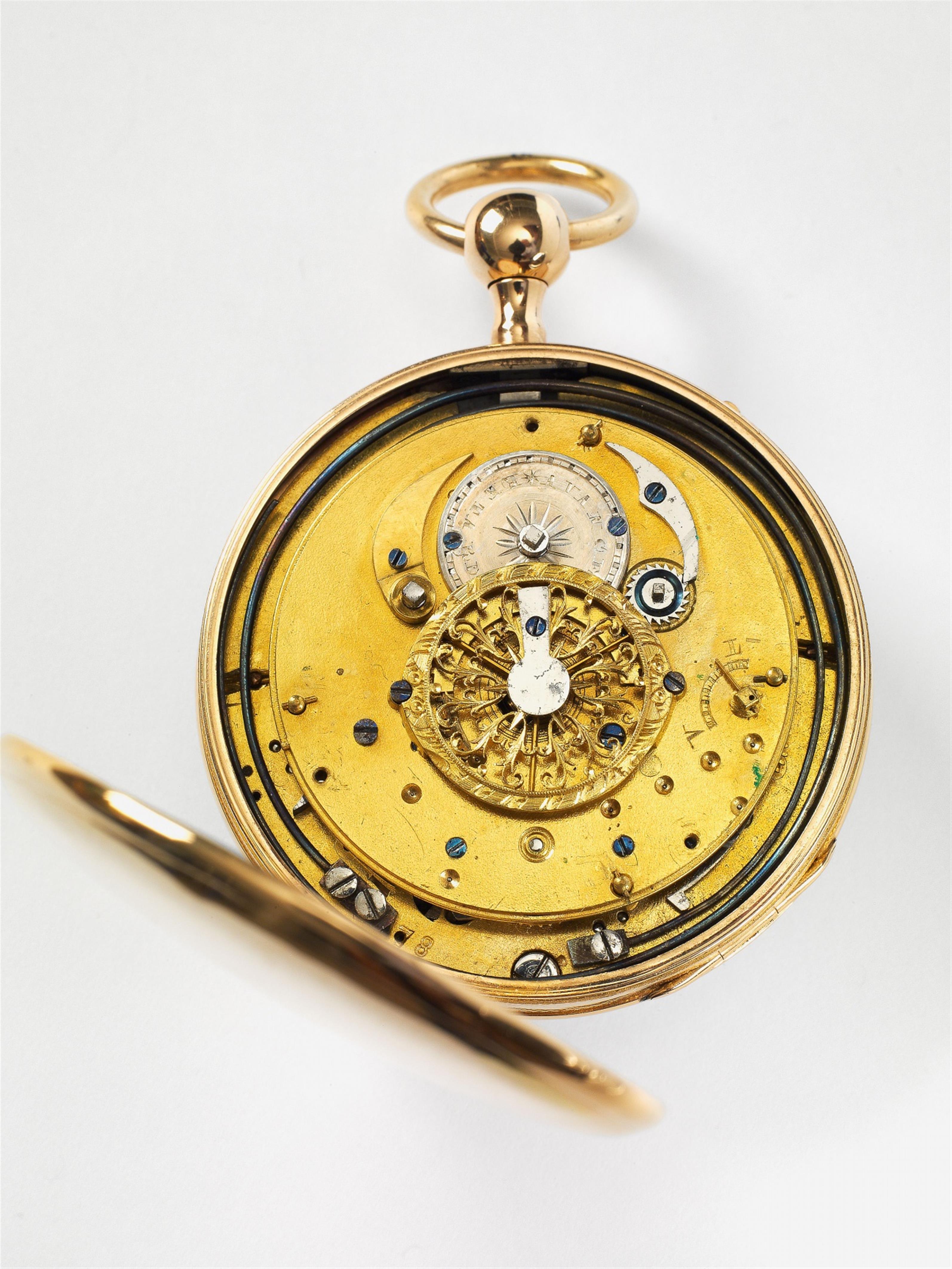 An 18k four colour gold openface pocketwatch with verge movement, repetition and an automaton with two Jaquemarts - image-2