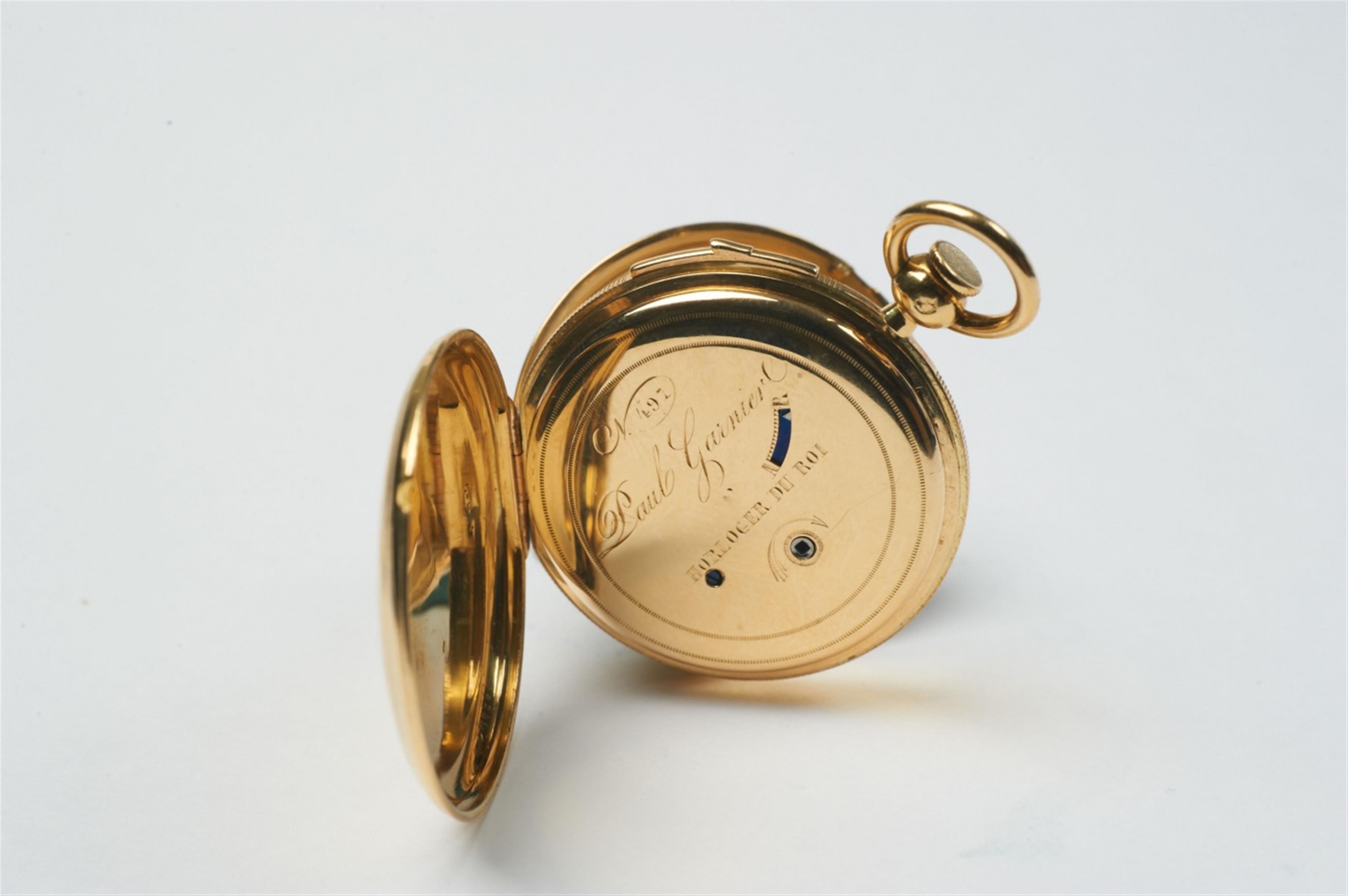 A small Parisian 18k gold hunter key winding pocketwatch with repetition. - image-3