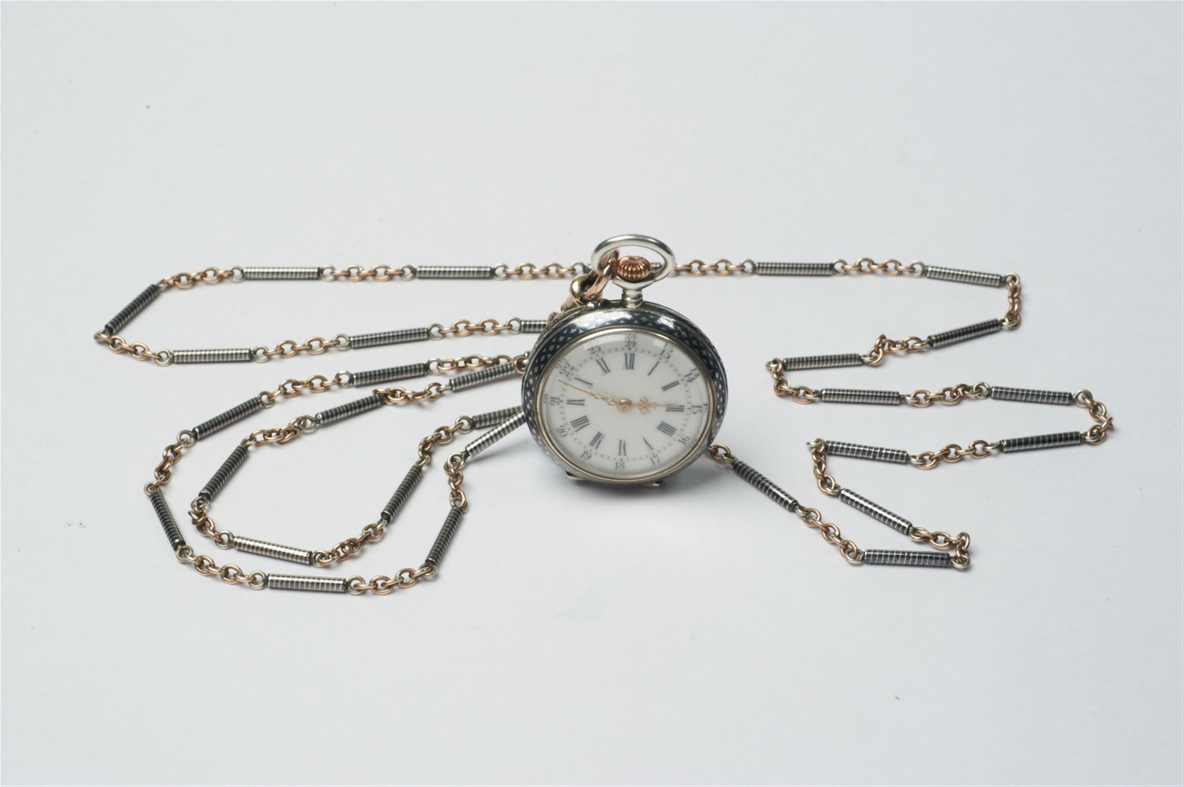 A ladies 14k gold and silver openface pocketwatch and chain with niello decoration - image-1