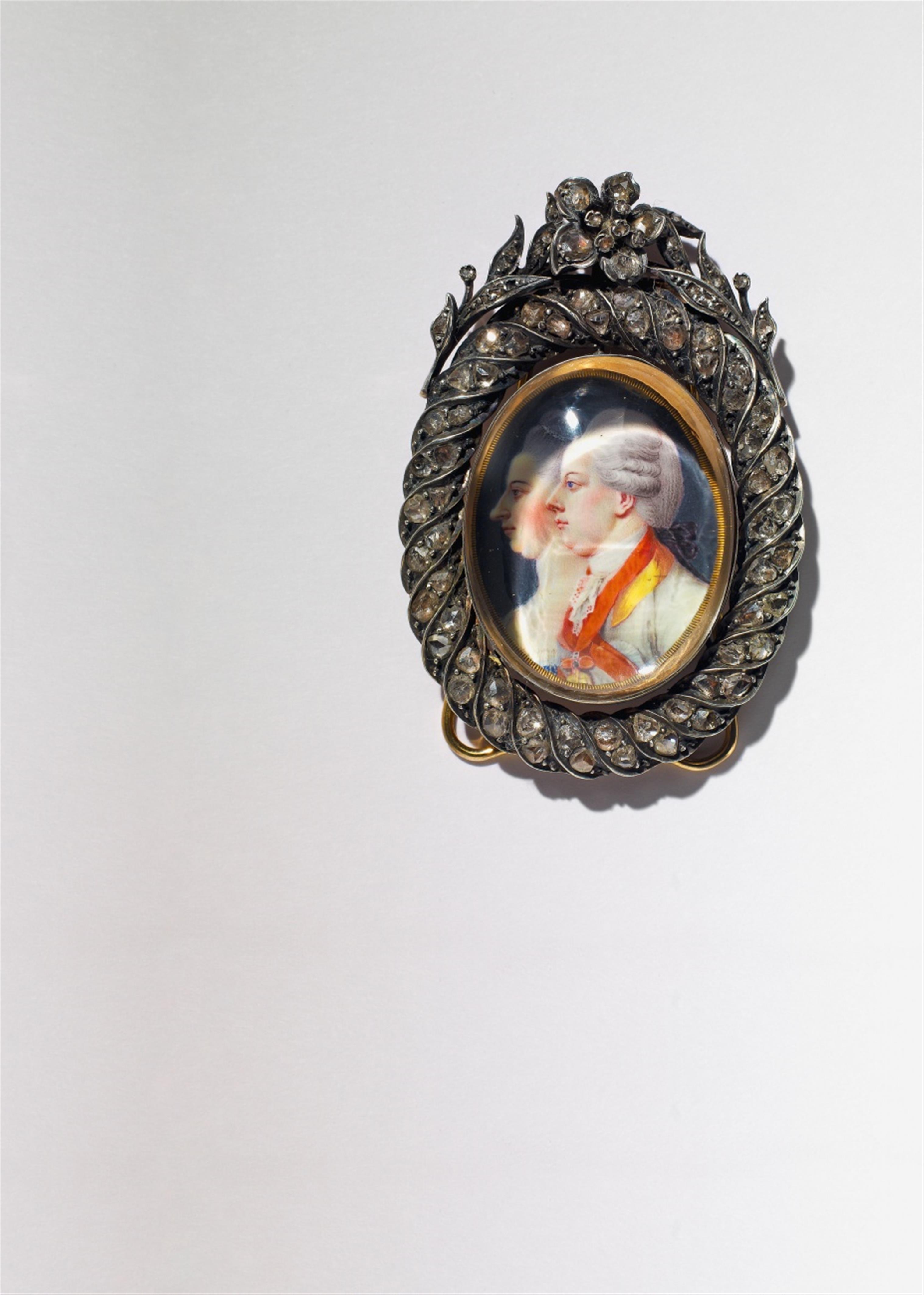 A gold, silver and diamond framed enamel portrait miniature of Emperor Joseph II. and his second wife - image-1