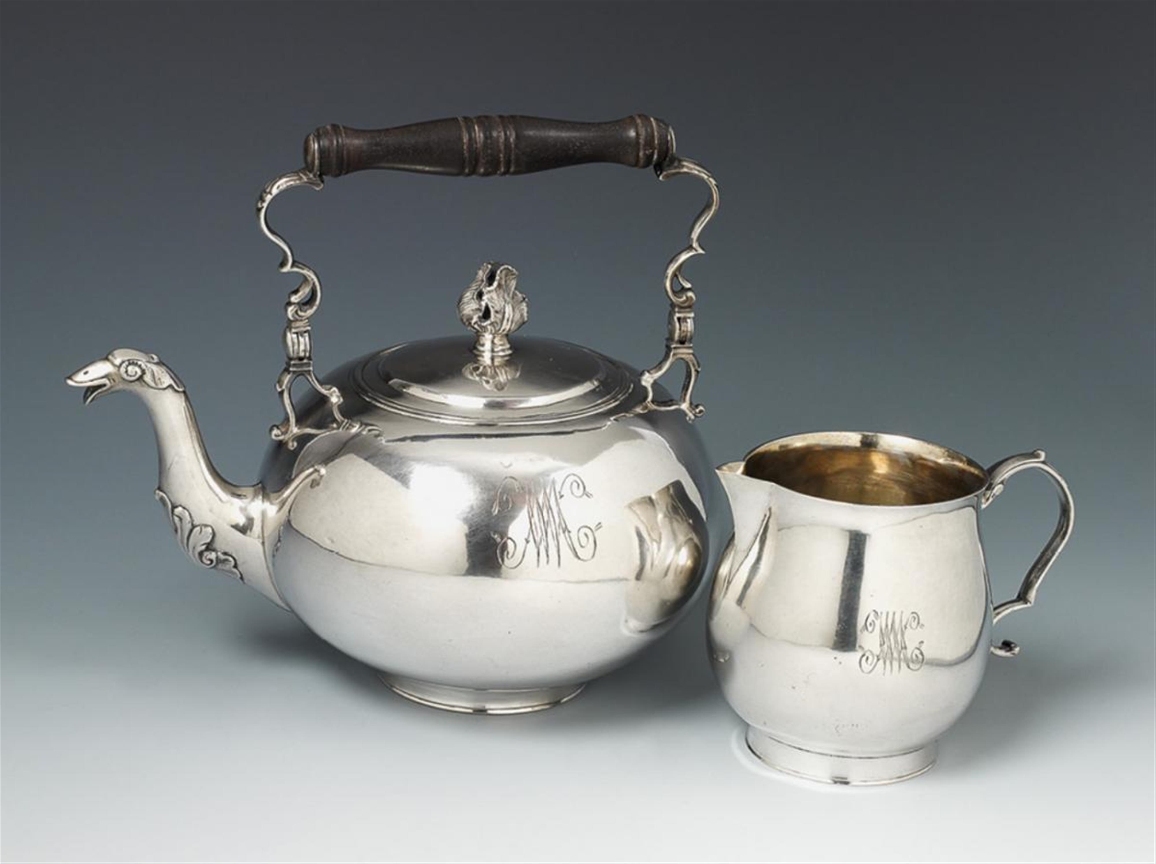 A Goldingen silver teapot and milk jug with remains of interior gilding. Monogrammed "WM". Marks of Jakob Herning, ca. 1780. - image-1