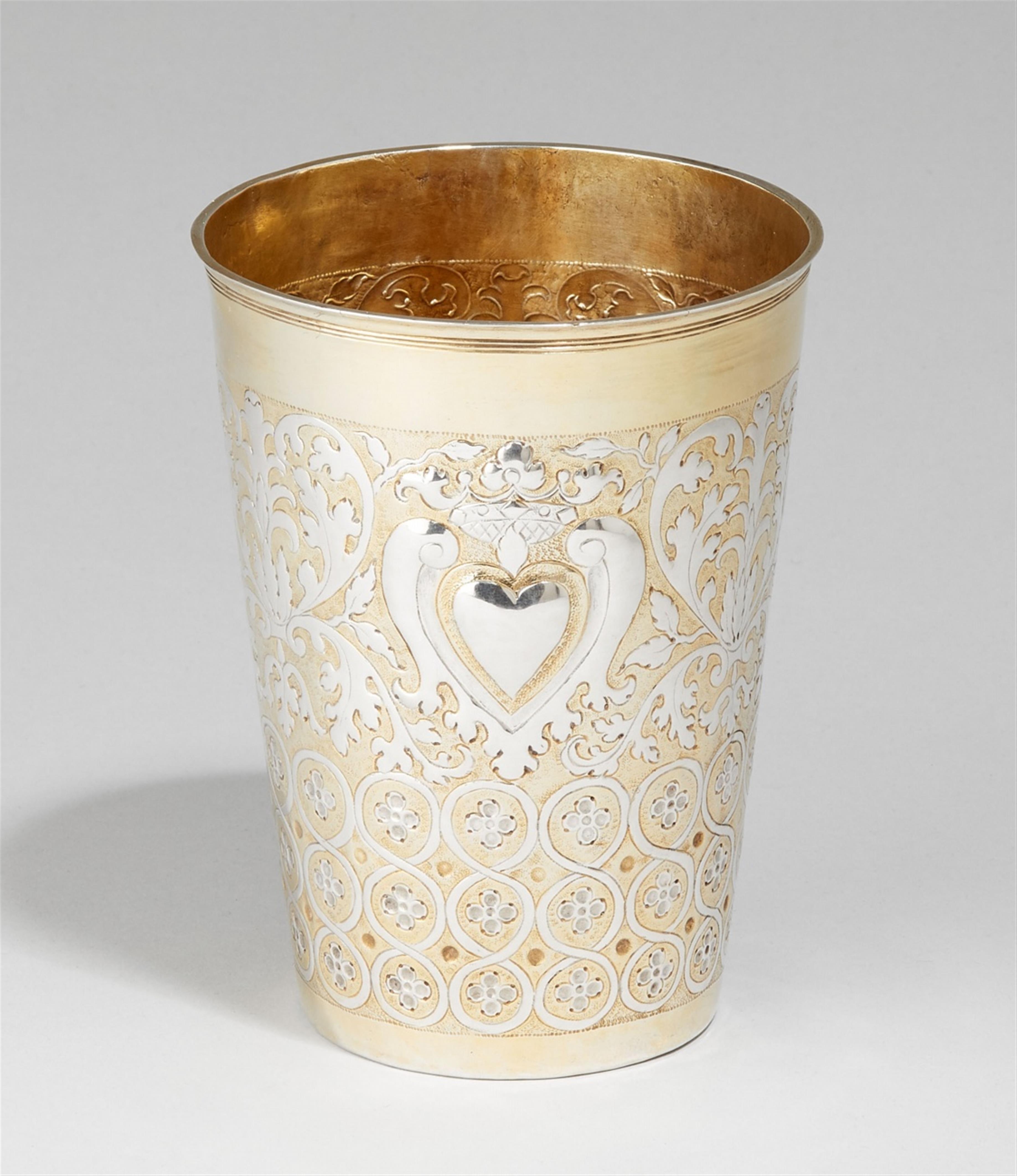 A large Ohlau partially gilt silver beaker. Engraved to the underside "Rudolph Kätzler 1710". Marks of Gottfried Kittel, 1697 - 1717. - image-1