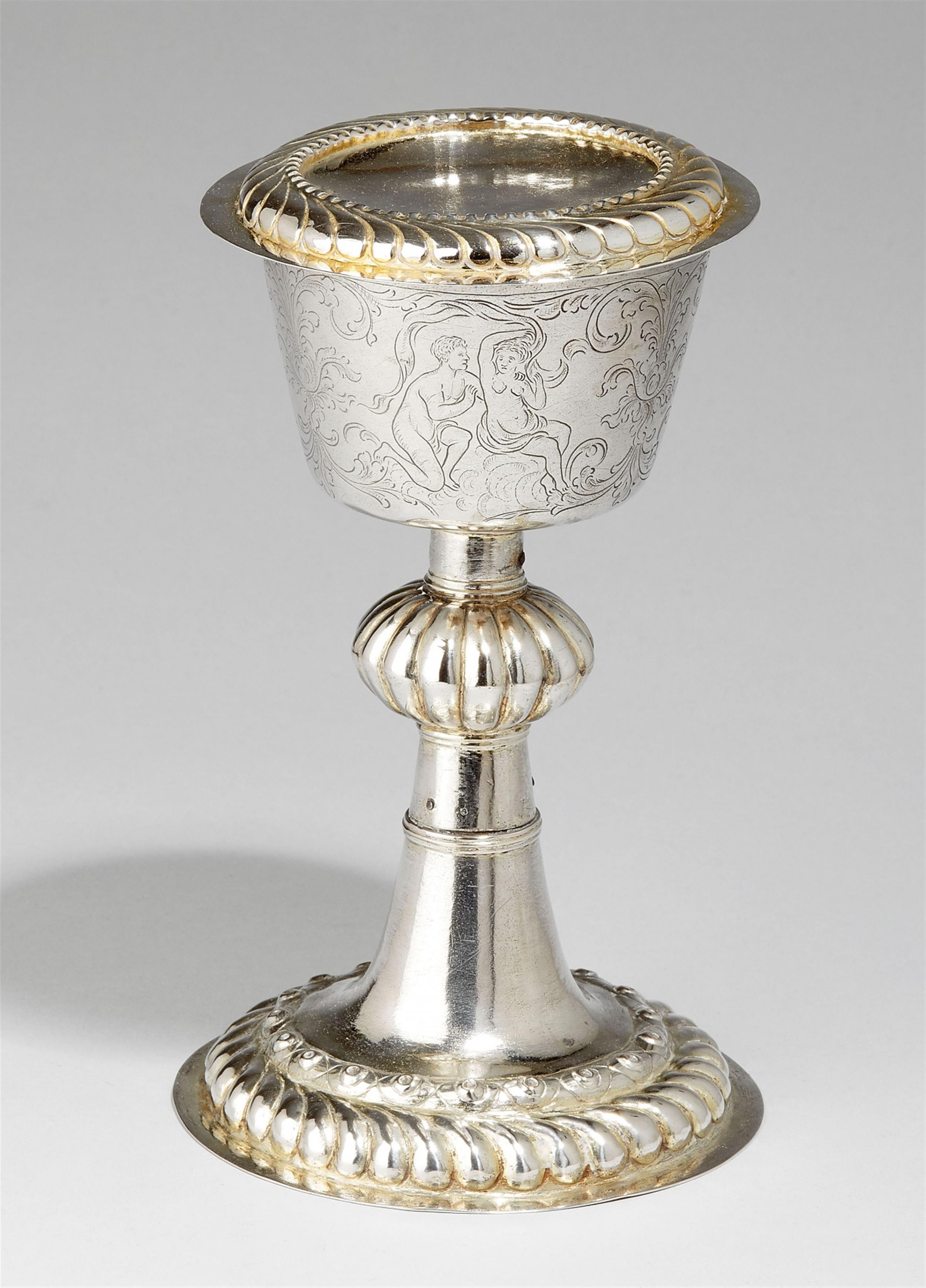 A Central German baroque partially gilt silver chalice and paten. - image-1