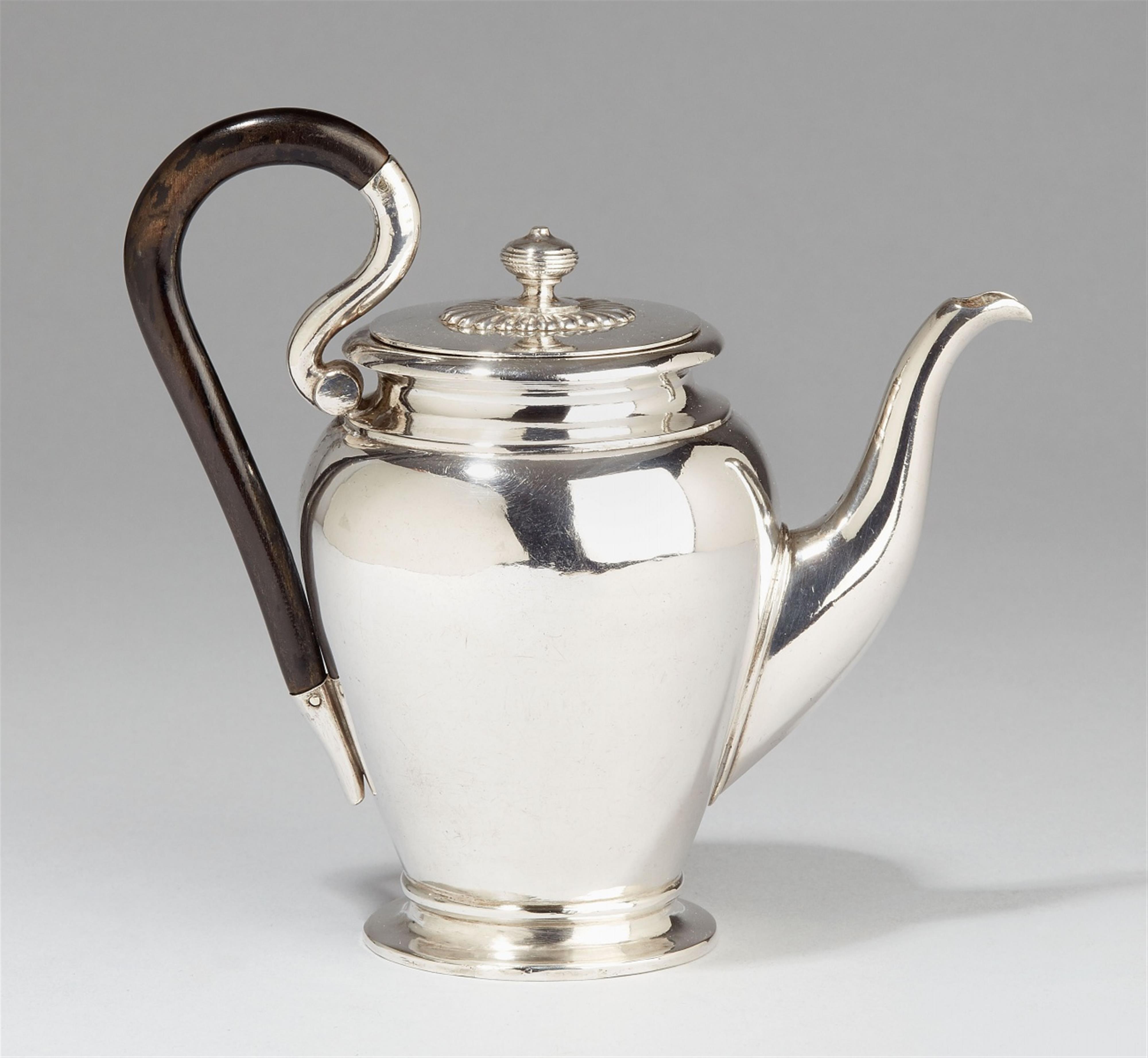 A miniature Stuttgart silver coffee pot. The handle of ebonised wood. Marks of Eberhard Sick, ca. 1800. - image-1