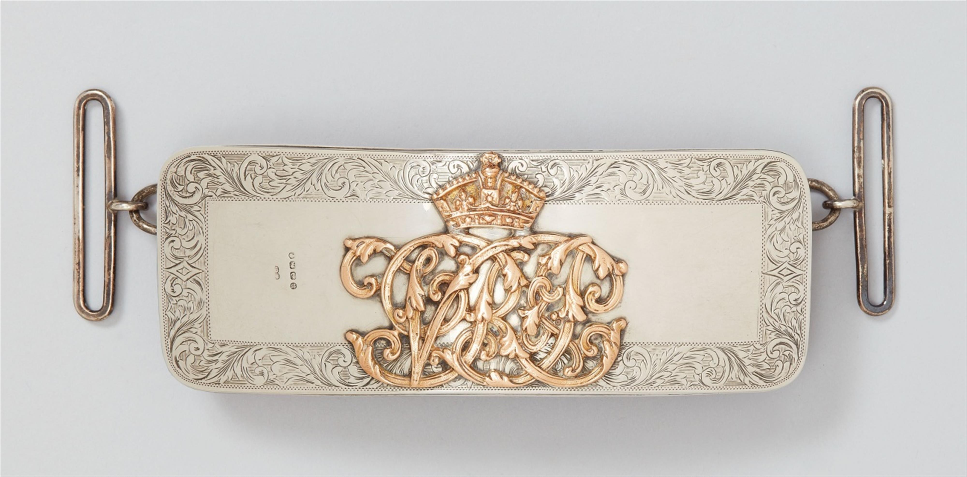 A Victorian Birmingham silver mounted pouch. Red leather applied with the relief monogram "VRI" beneath the British royal crown. Marks of Jennens & Com., 1887. - image-1