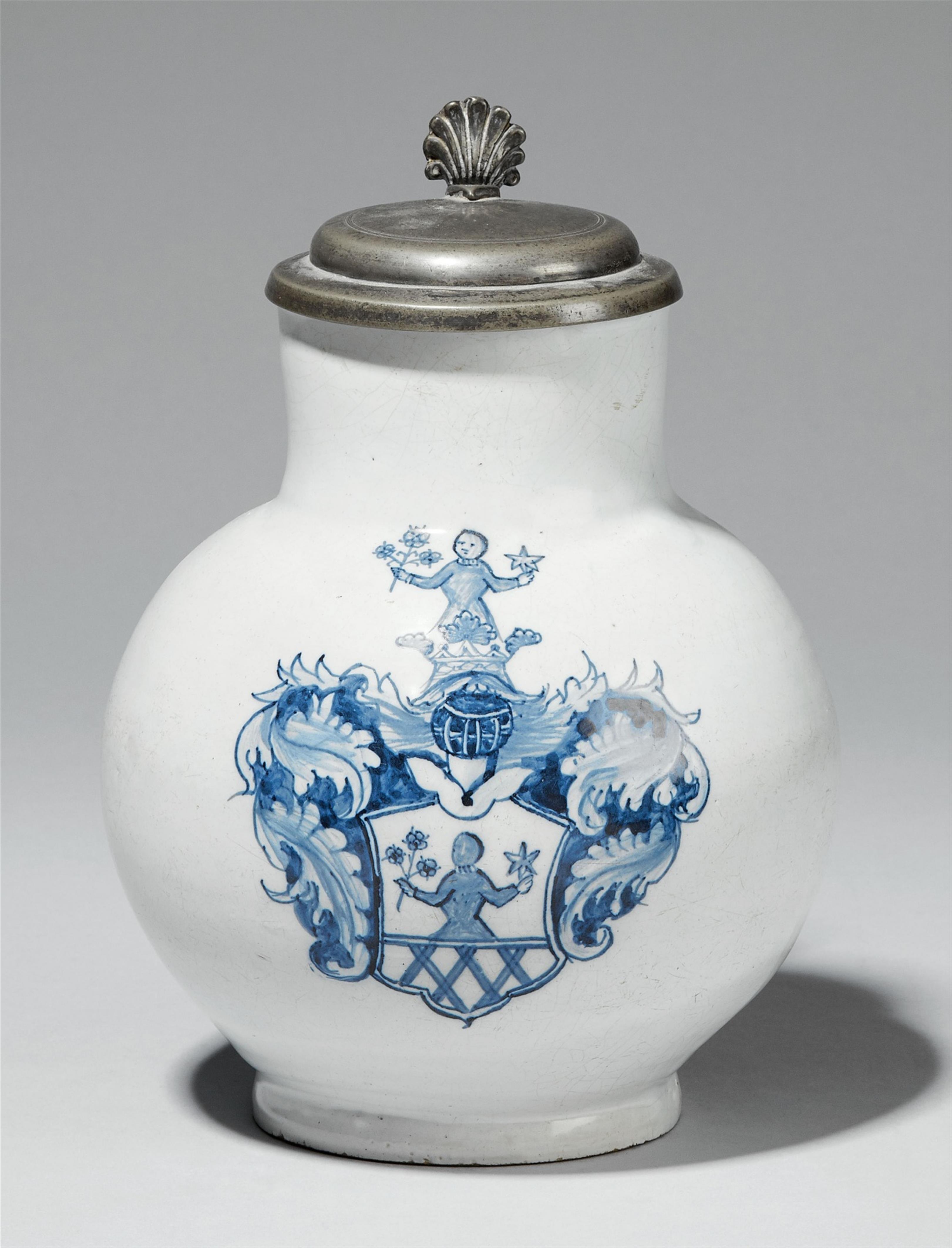 A pewter-mounted blue and white Hanau faience pitcher - image-1