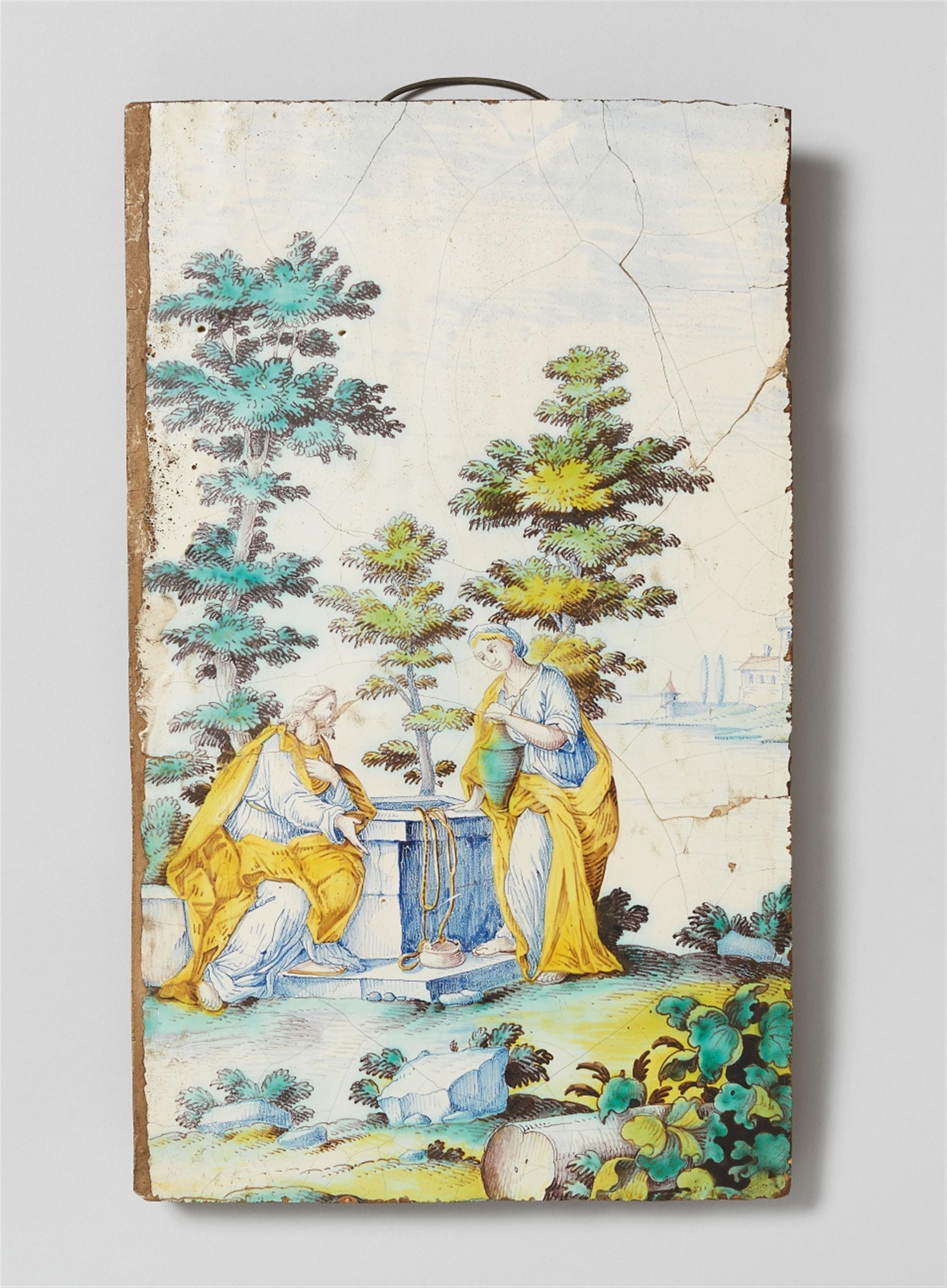 A Swiss faience oven tile depicting Jesus and the Samaritan woman - image-1
