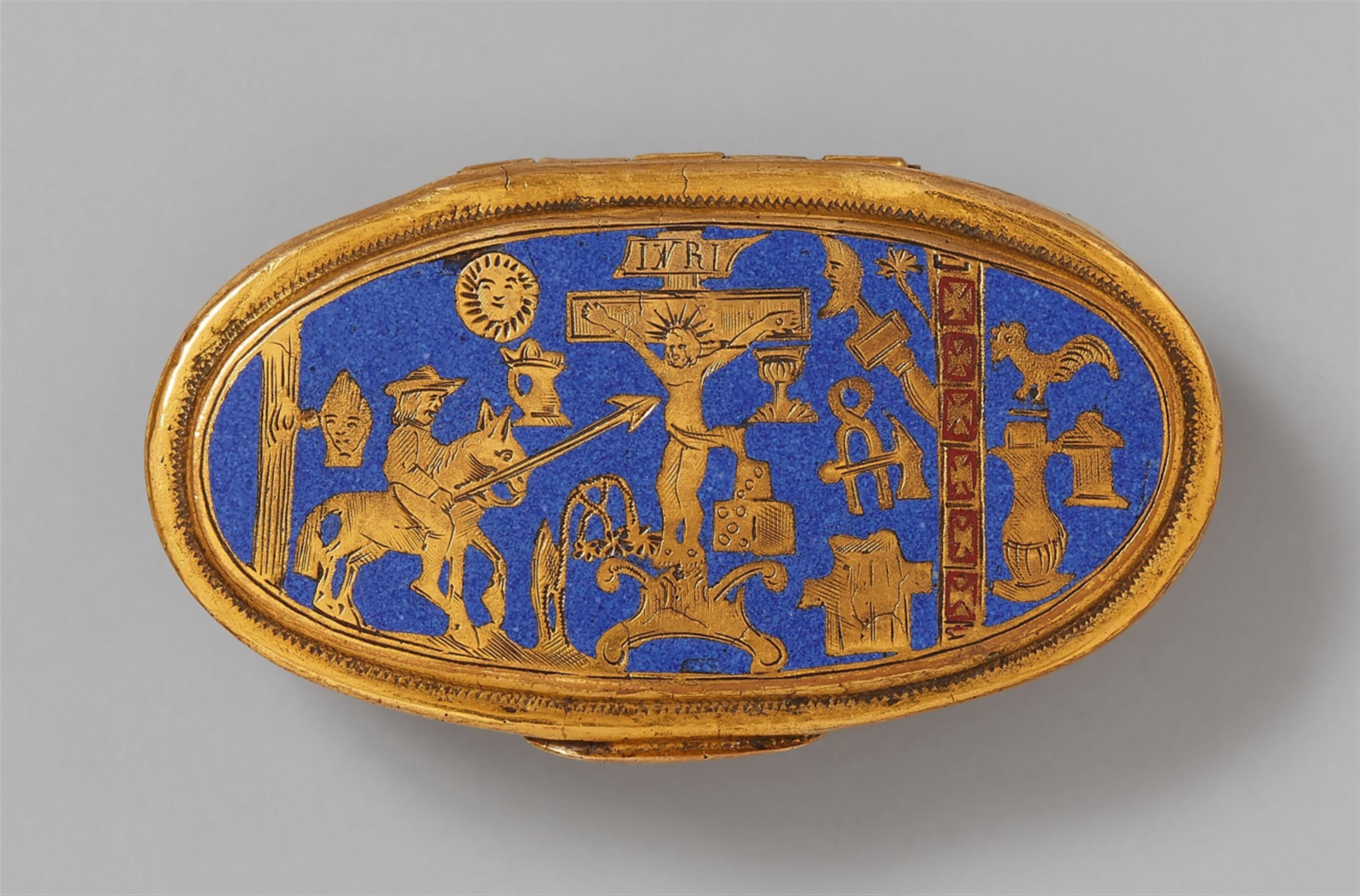 A gilt metal-mounted gothic revival enamel snuff box with Arma Christi - image-1