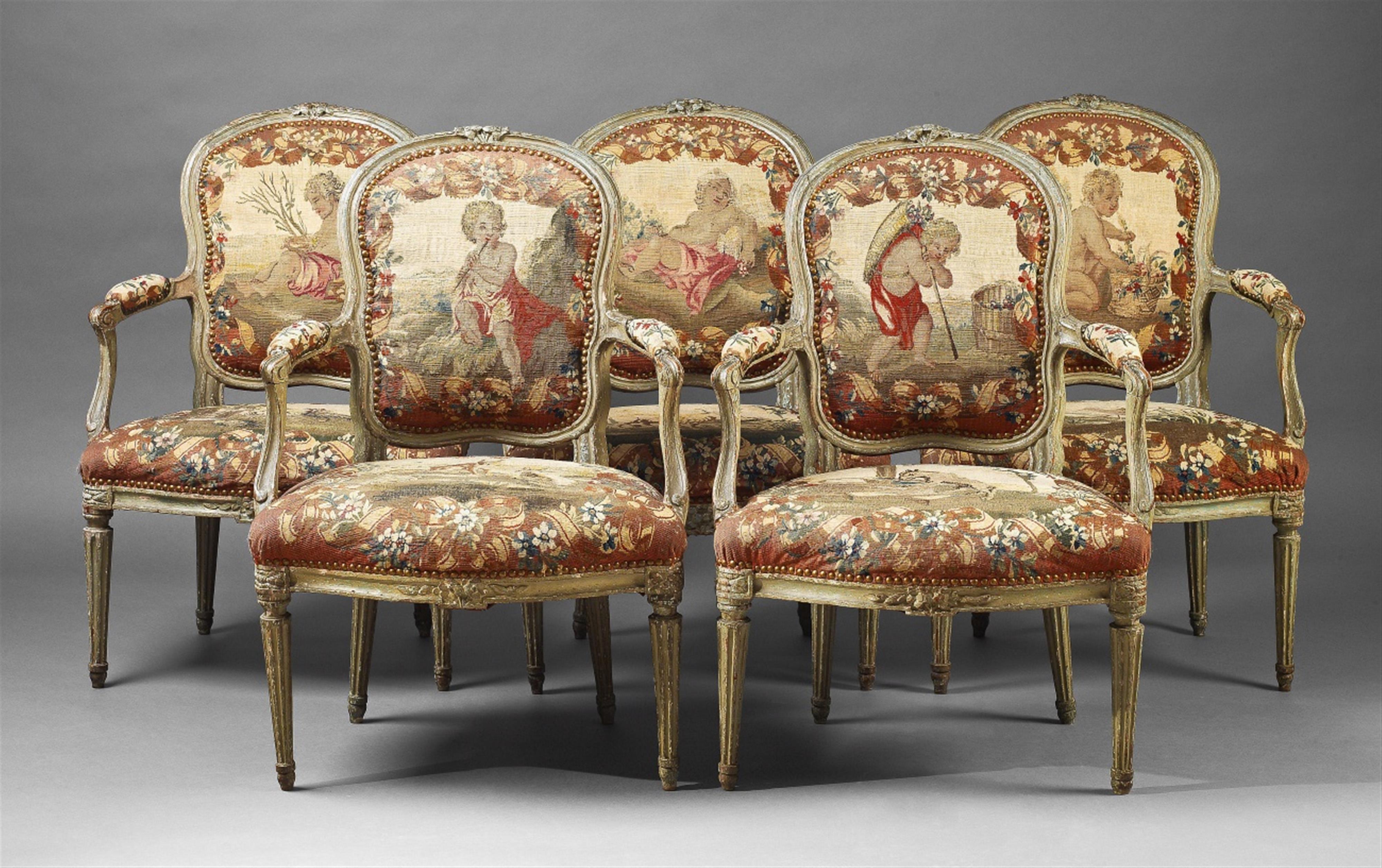 Five French Louis XV painted beechwood fauteils - image-1
