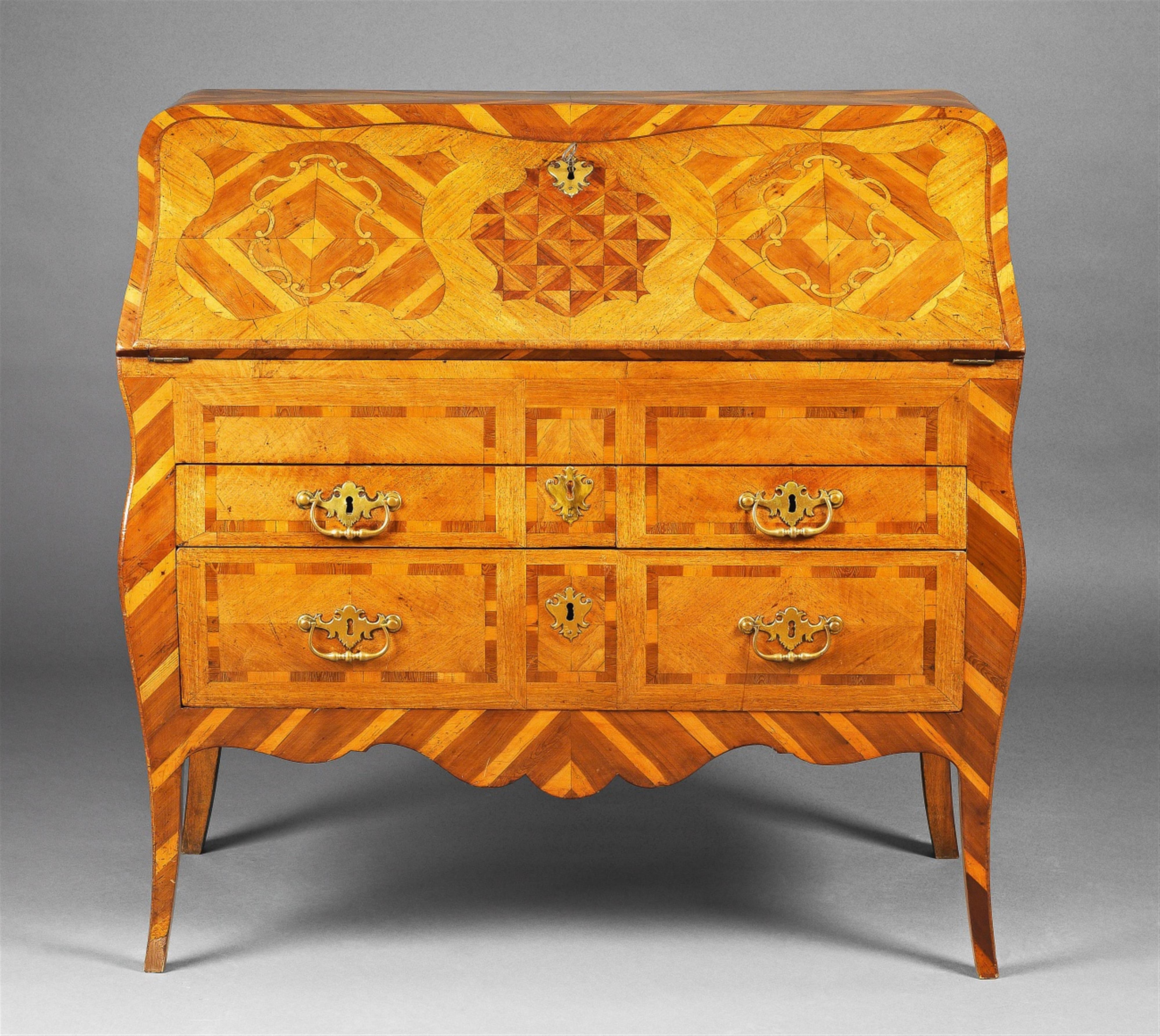 A brass-mounted walnut and plum wood Louis XV period bureau de pente - image-1