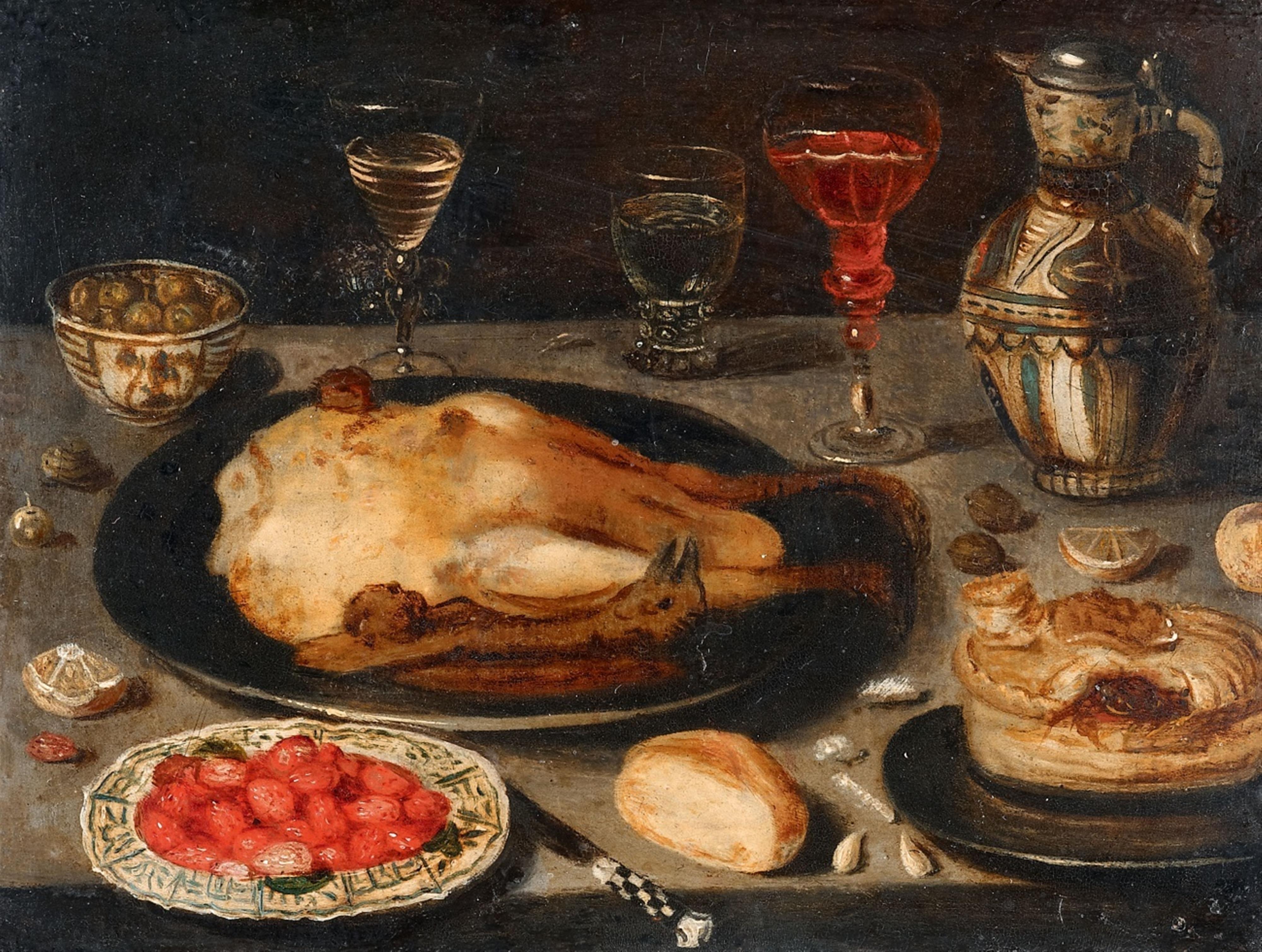 Netherlandish School 17th century - Still Life with Roast Bird and Wine Glasses - image-1