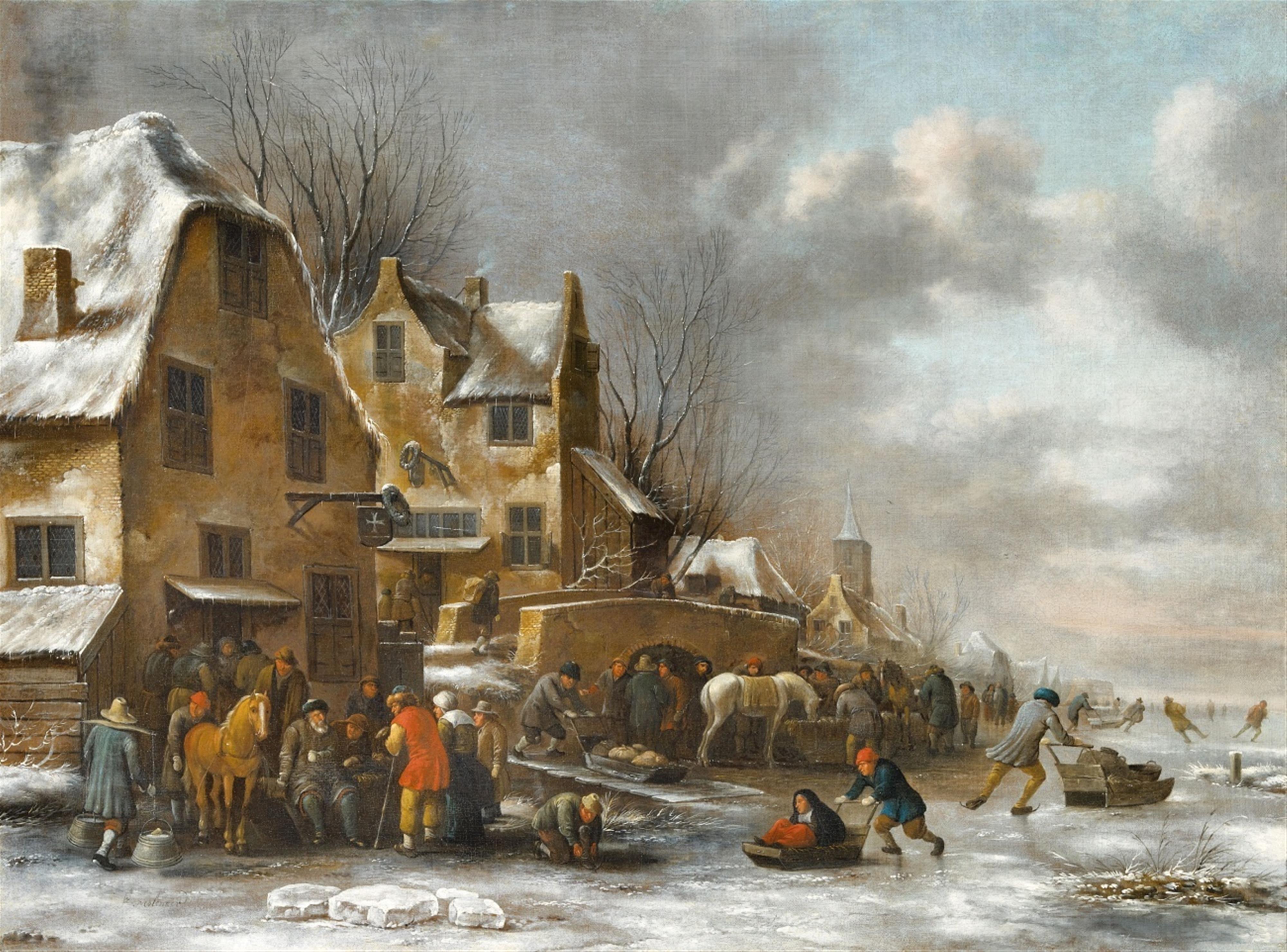 Klaes (Nicolaes) Molenaer - Winter Landscape with Peasants and Ice Skaters by a Tavern - image-1