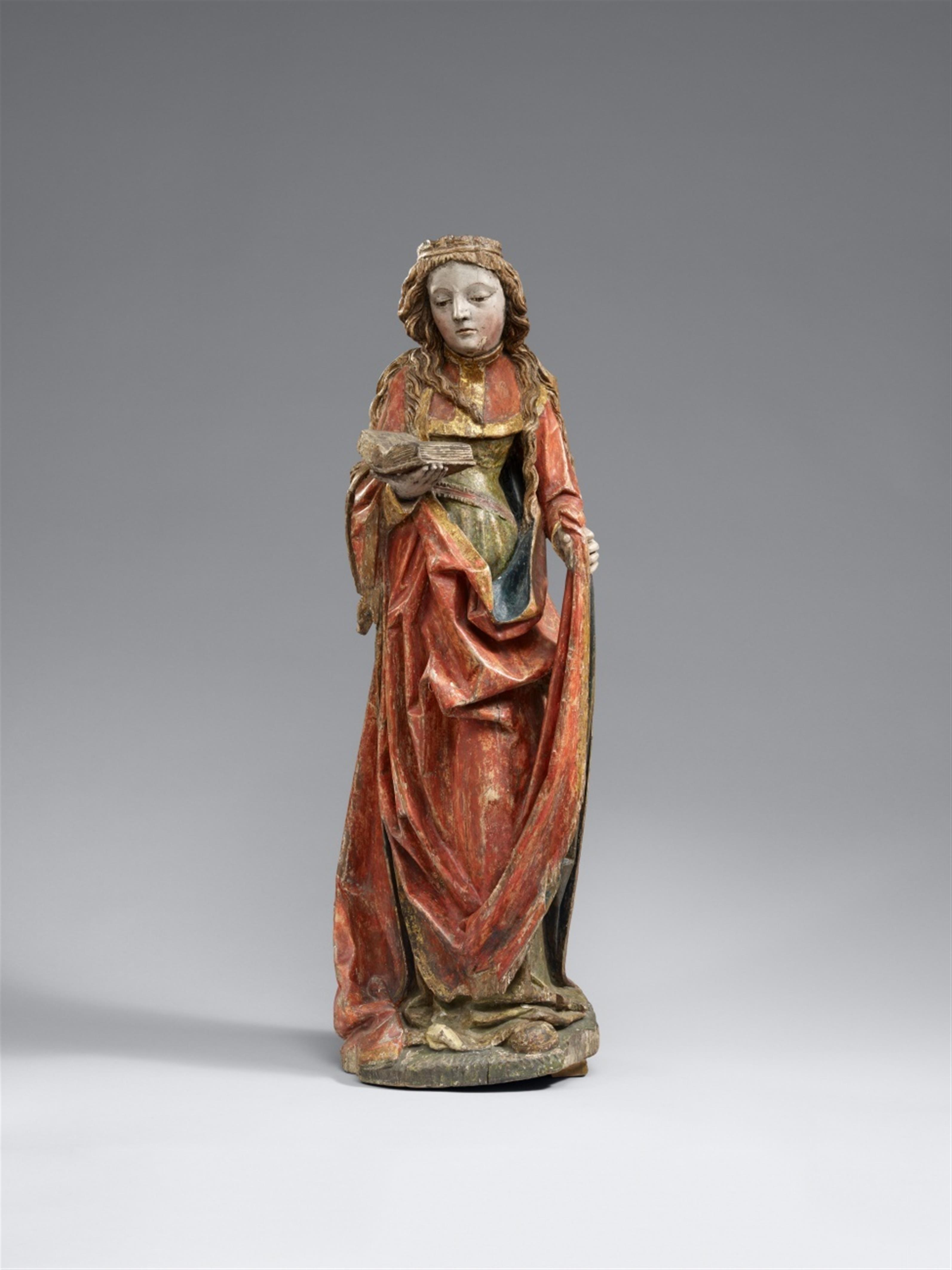 Probably Upper Rhine-Region circa 1470/1480 - A presumably Upper Rhenish carved wood figure of a female Saint, circa 1470/1480 - image-1