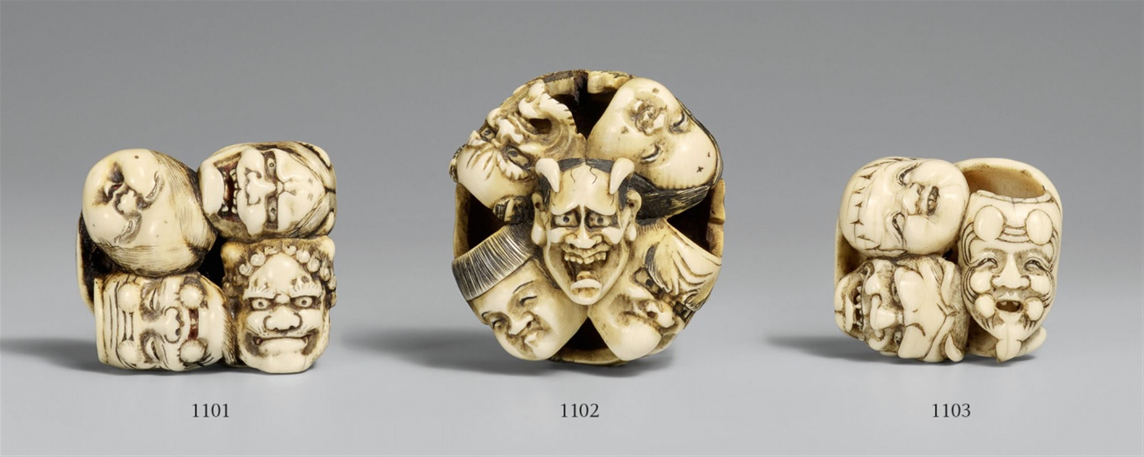 An ivory netsuke of a group of seven masks. Mid-19th century - image-1