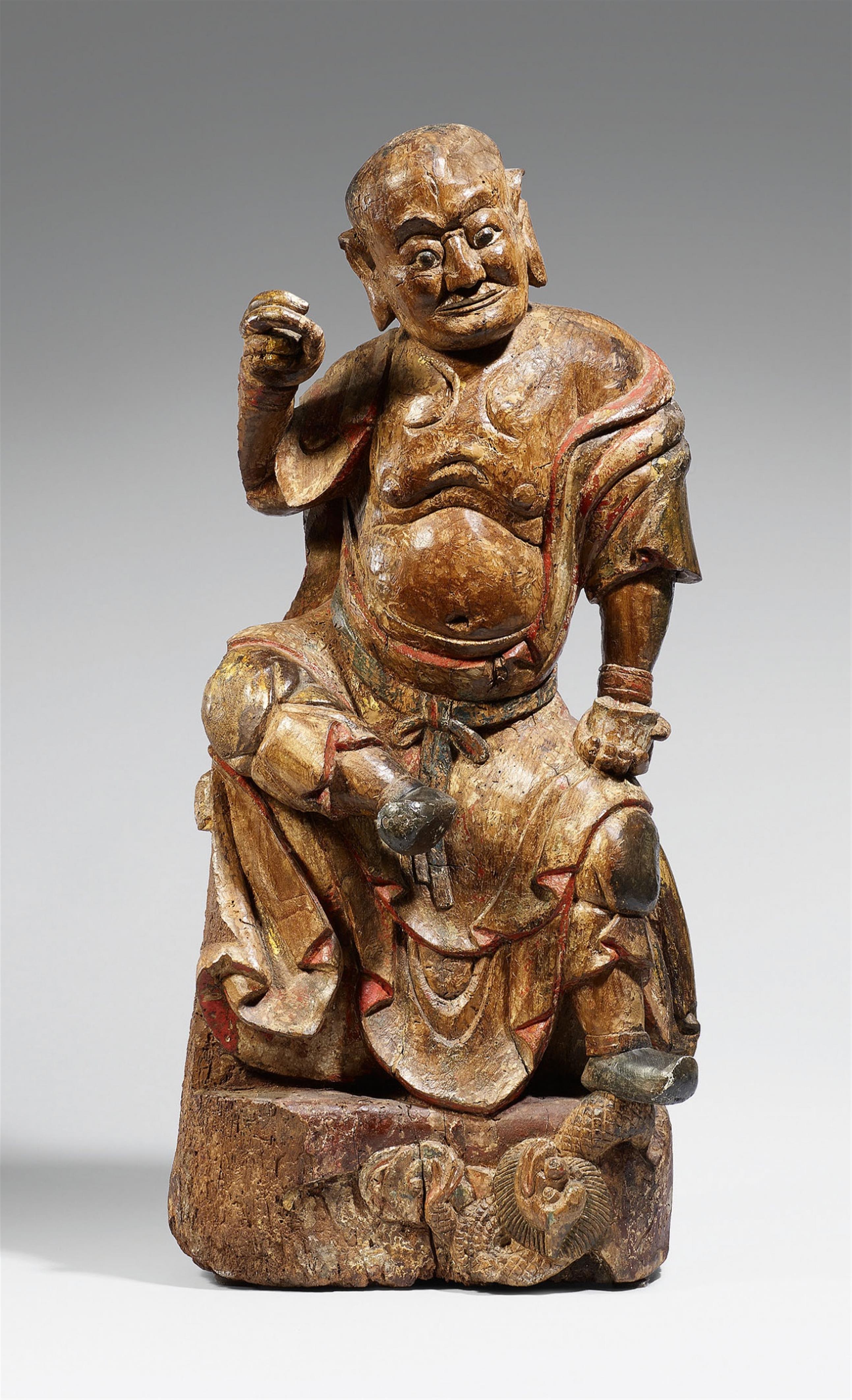 A wood and polychromed figure of a luohan. Qing period - image-1