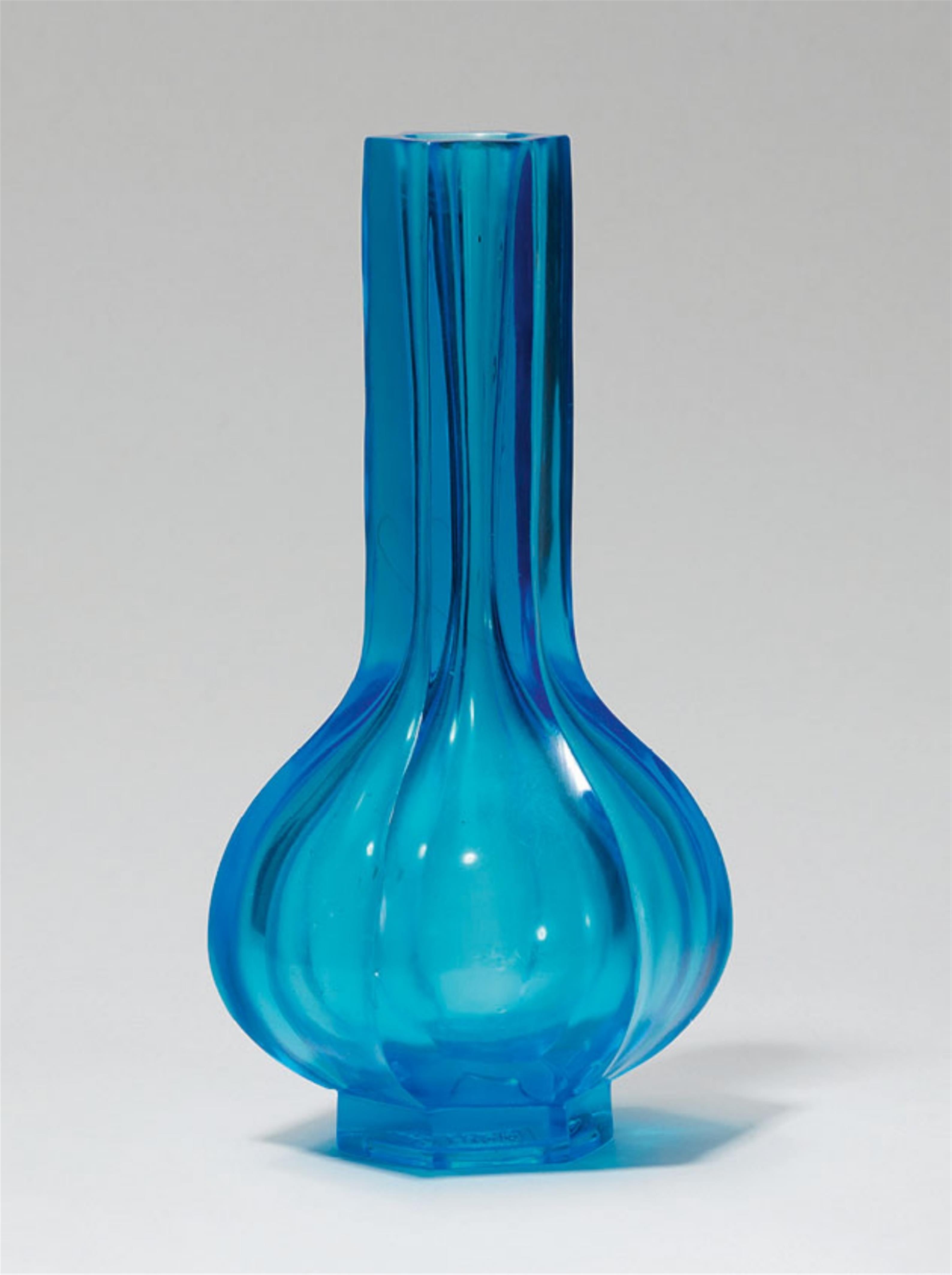 A hexagonal transparent blue glass vase. 20th century - image-1