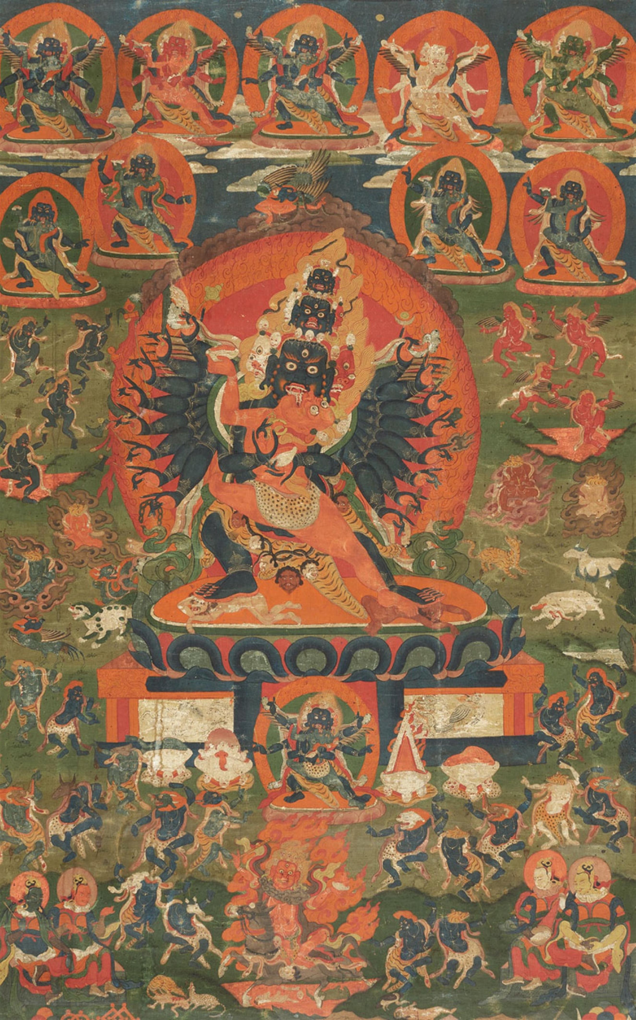 A rare Tibetan thangka of the Chechog Heruka and other bardo deities. 18th/19th century - image-1