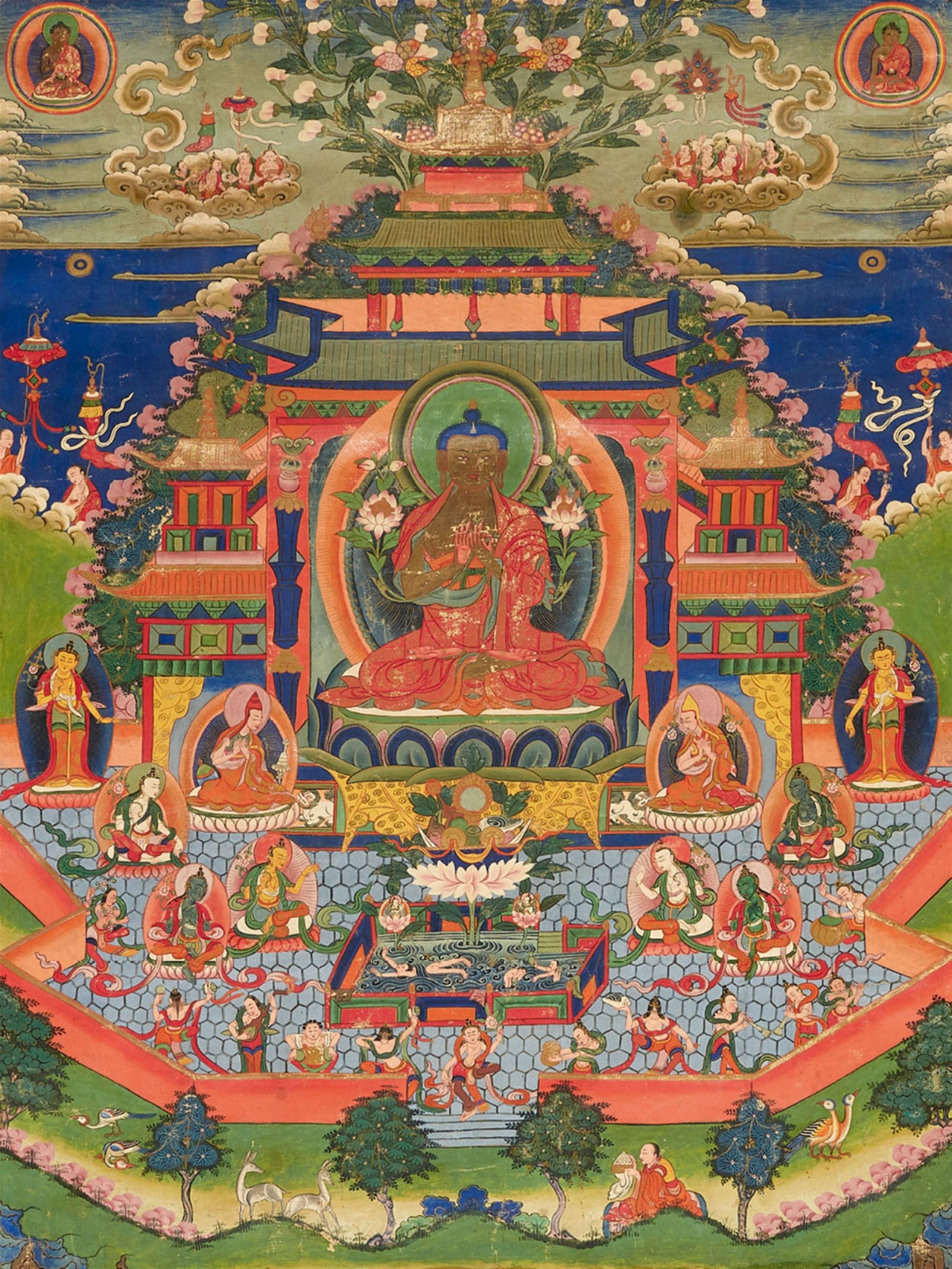 A Tibetan thangka of the paradise of Buddha. Late 19th century - image-1