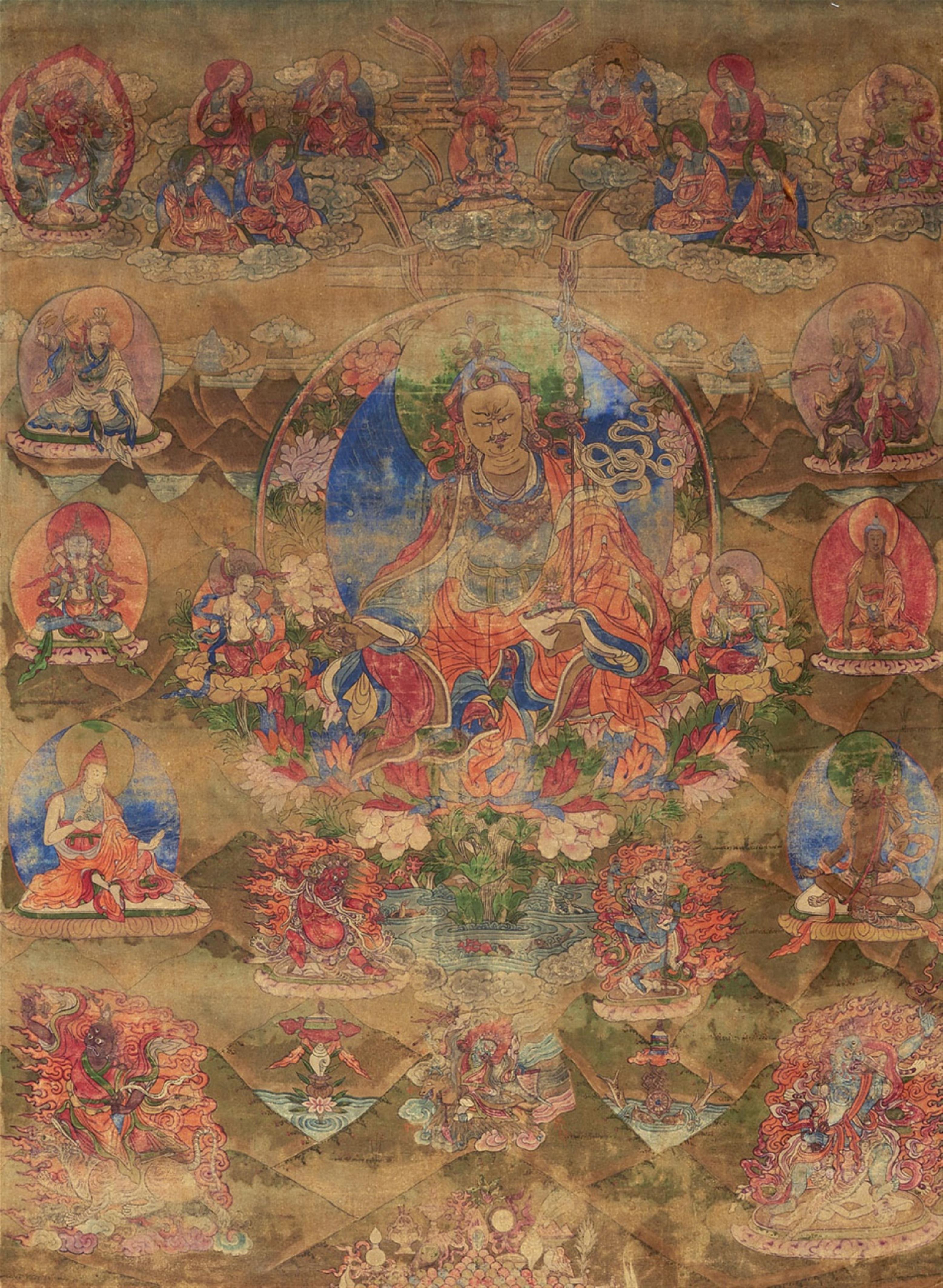 A Tibetan thangka of Padmasambhava with his eight manifestations. 19th century - image-1