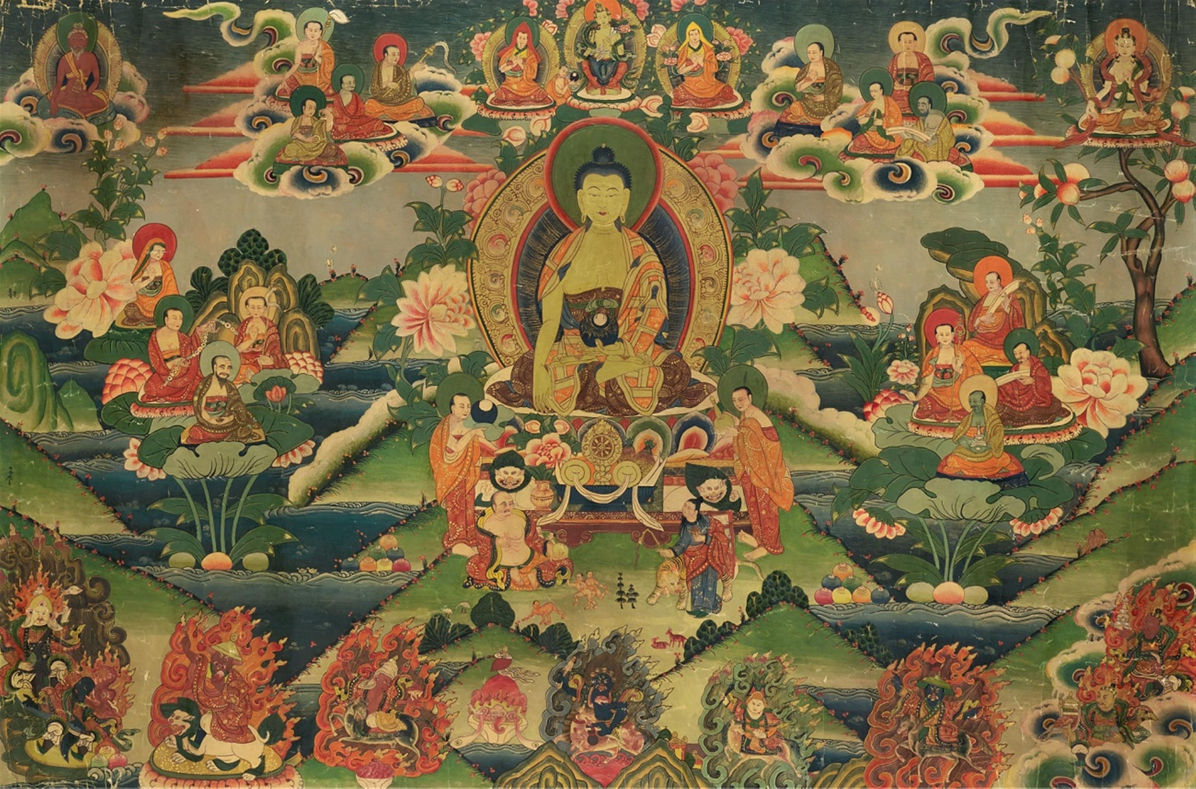 Thangka des Buddha Shakyamuni und die Sechzehn Arhat. Tibet. Frühes 20. Jh. - image-1