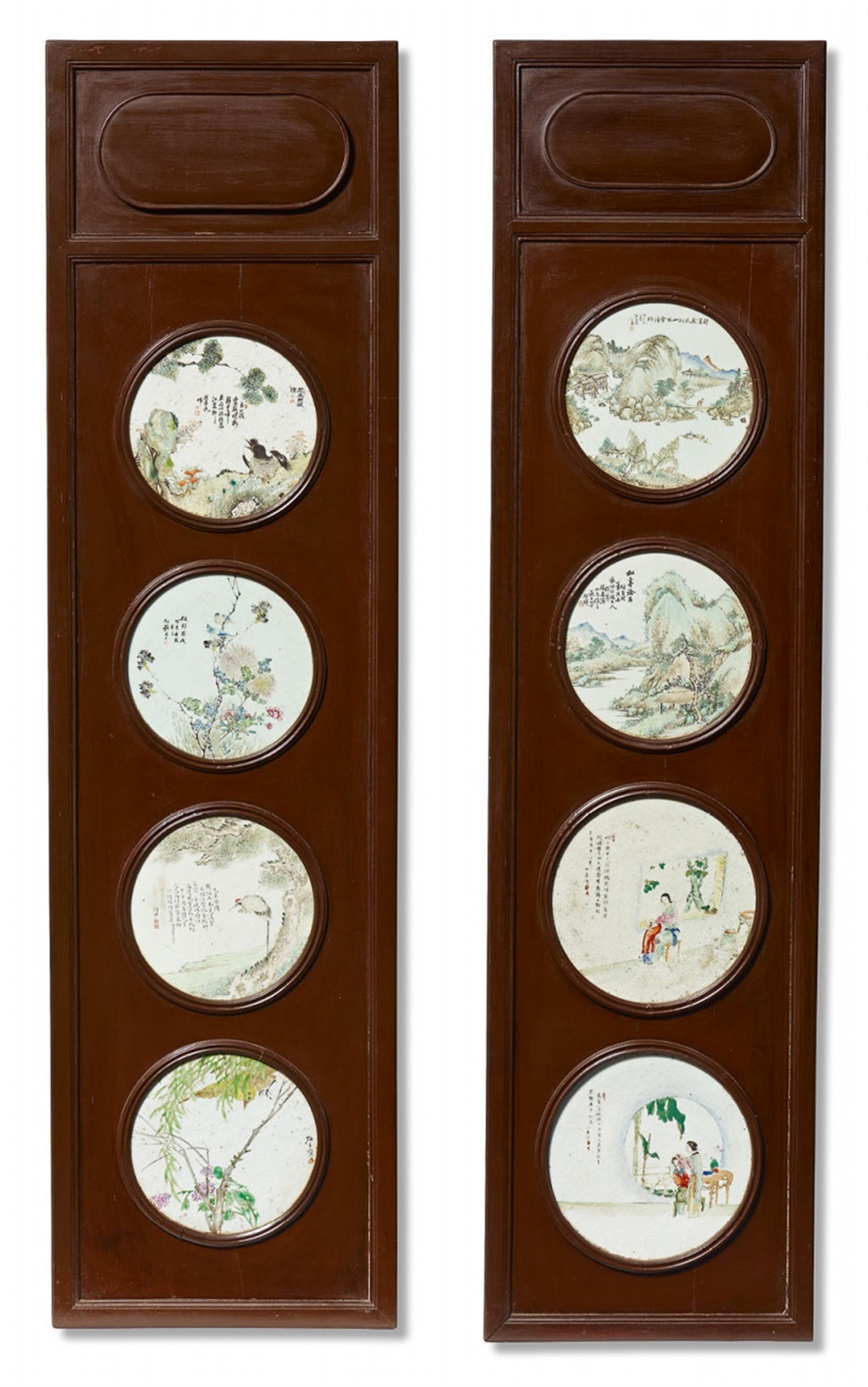 Two wooden panels, each with four famille rose tiles. 20th century - image-1