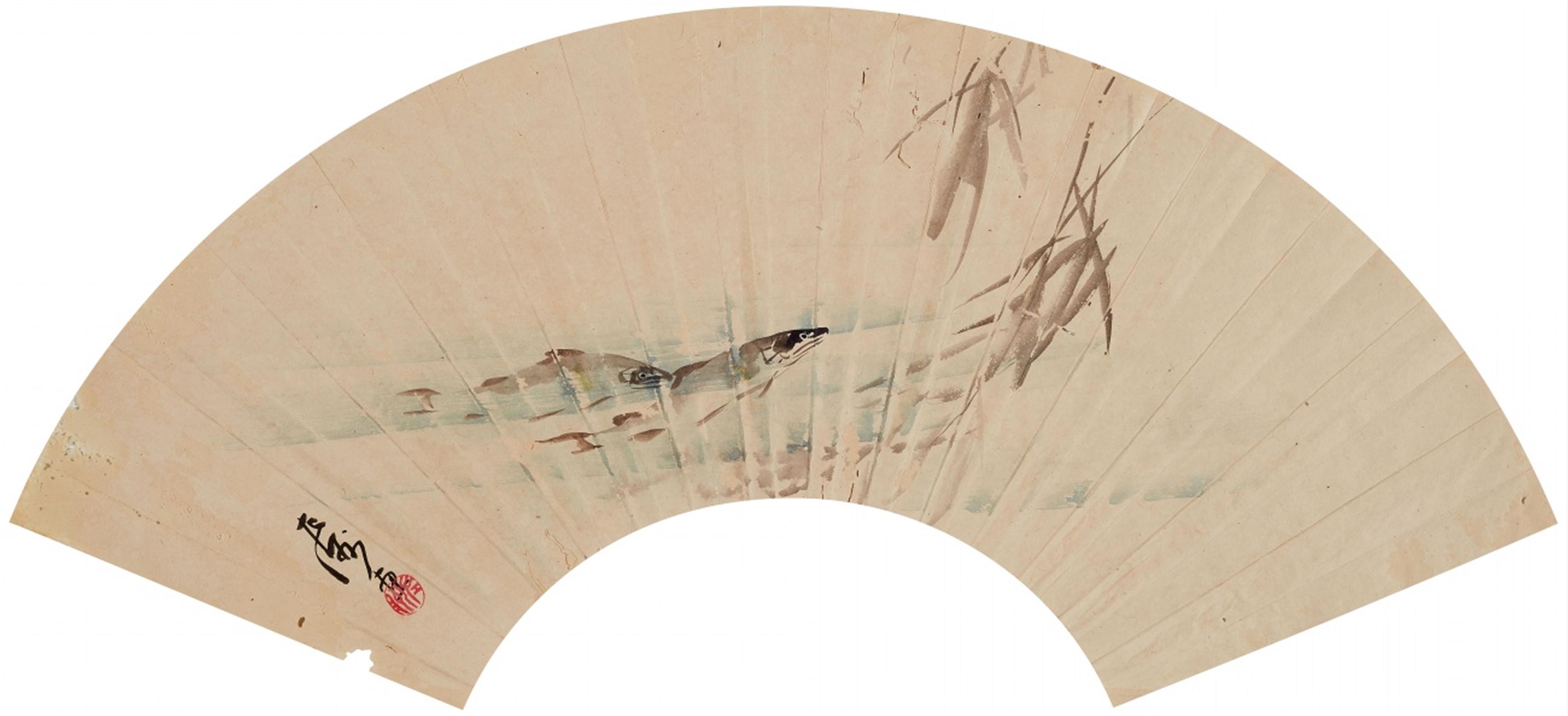 Various artists . 19th century - Three fan paintings by different artists, a) plum blossom branches, signed and sealed Gyokuran, b) two fish, signed and sealed Sashû, and c) a crane above pine saplings. Ink, an... - image-2