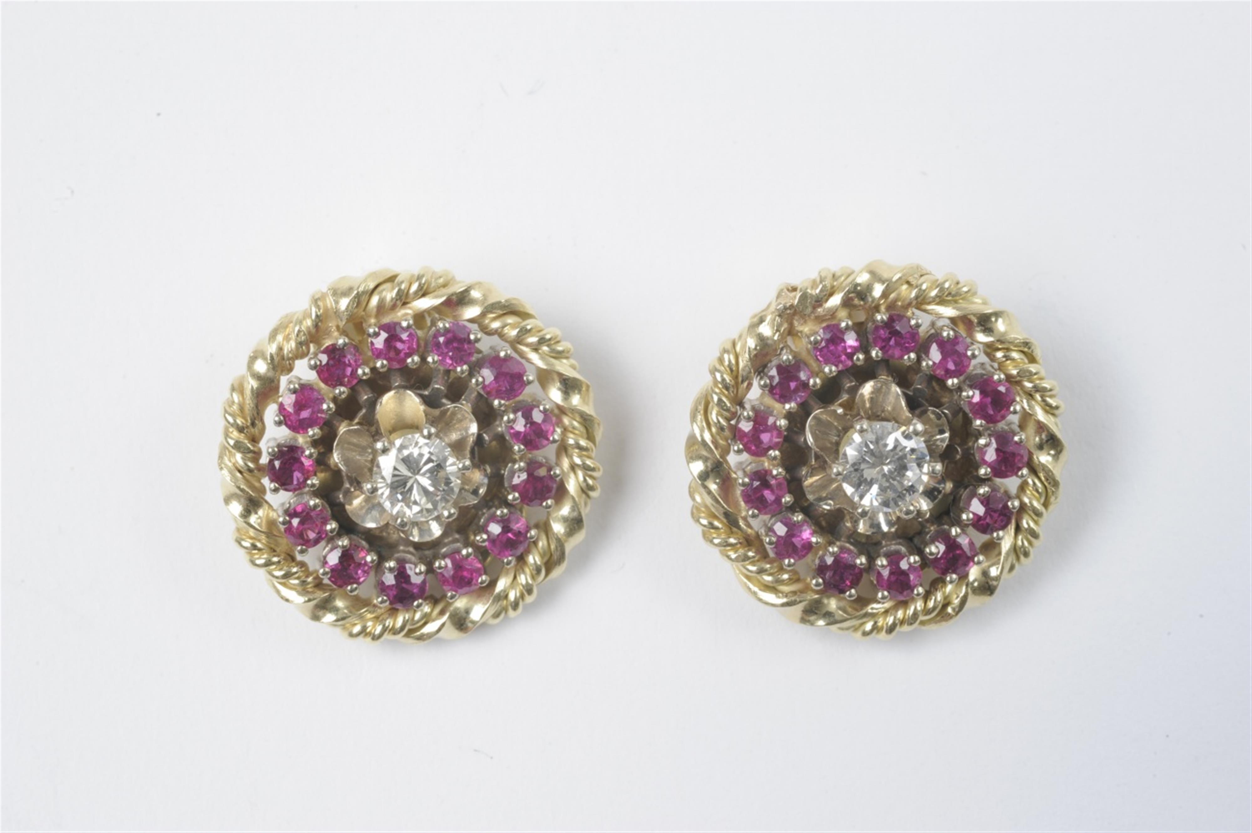 A pair of gold and ruby cluster earrings - image-1