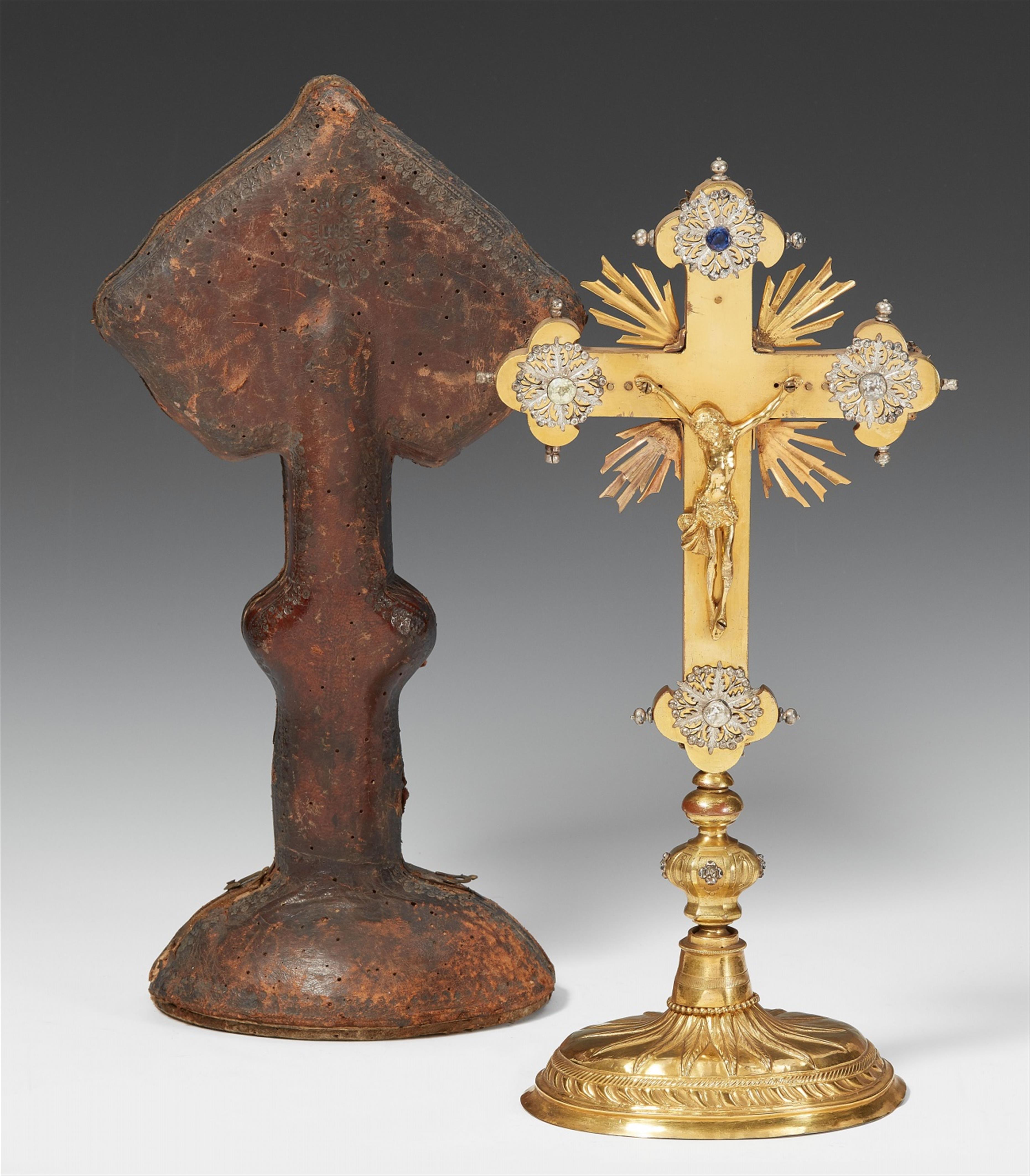 A gilt copper and brass cross reliquary in a leather case. Unmarked, presumably South German, early 19th C. - image-1