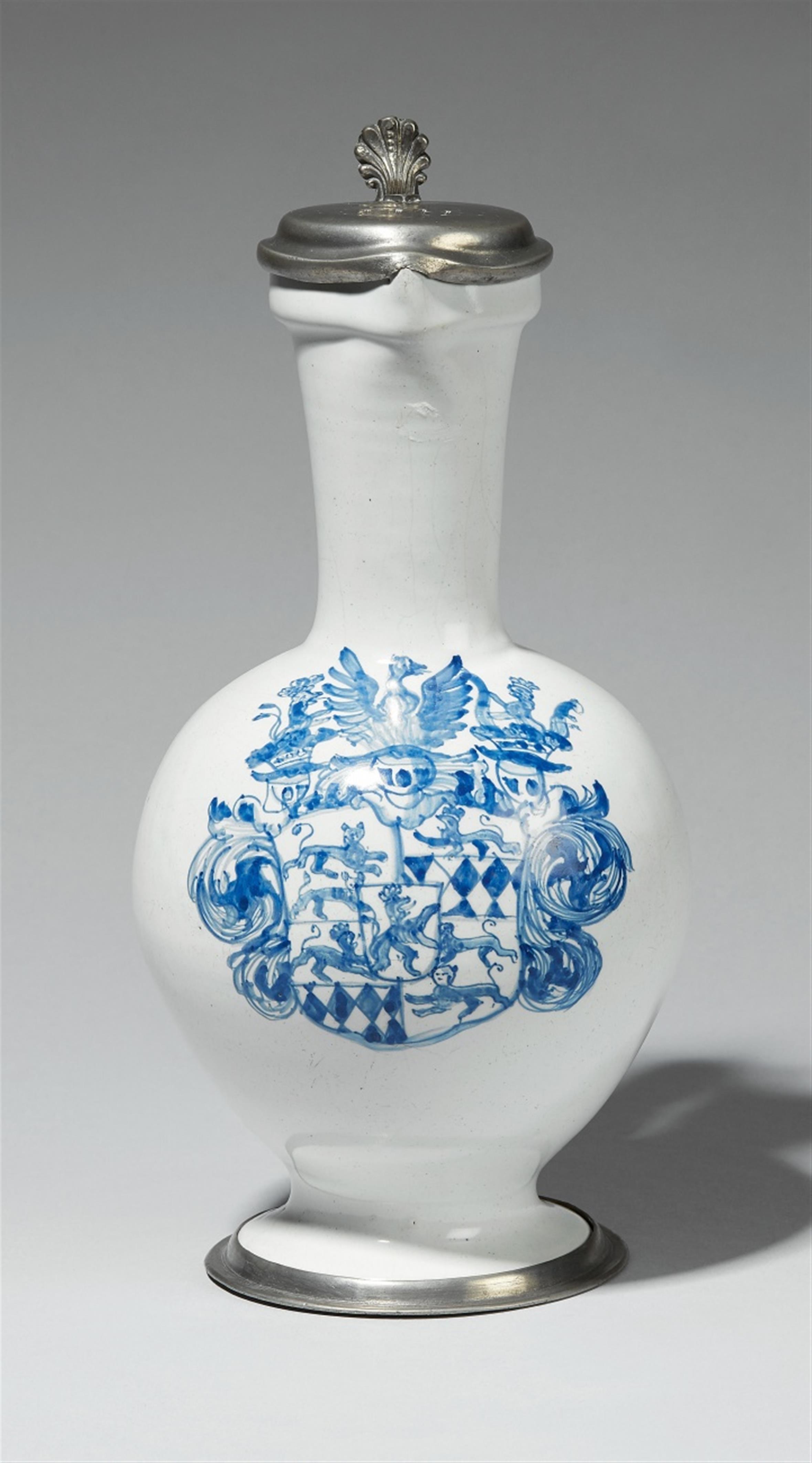 A pewter-mounted blue and white Hanau faience jug - image-1