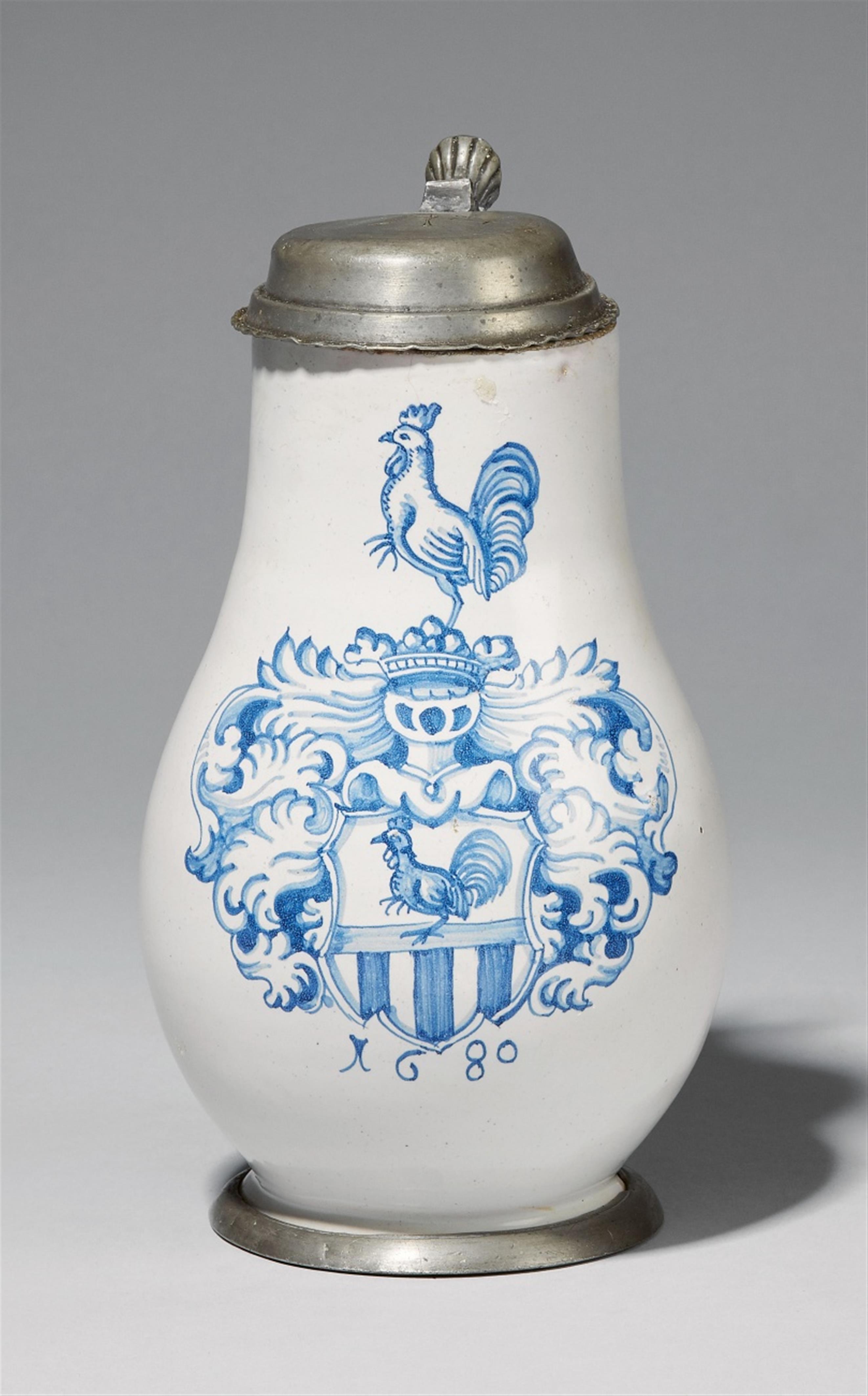 A Main-Franconia pewter-mounted faience armorial pitcher - image-1