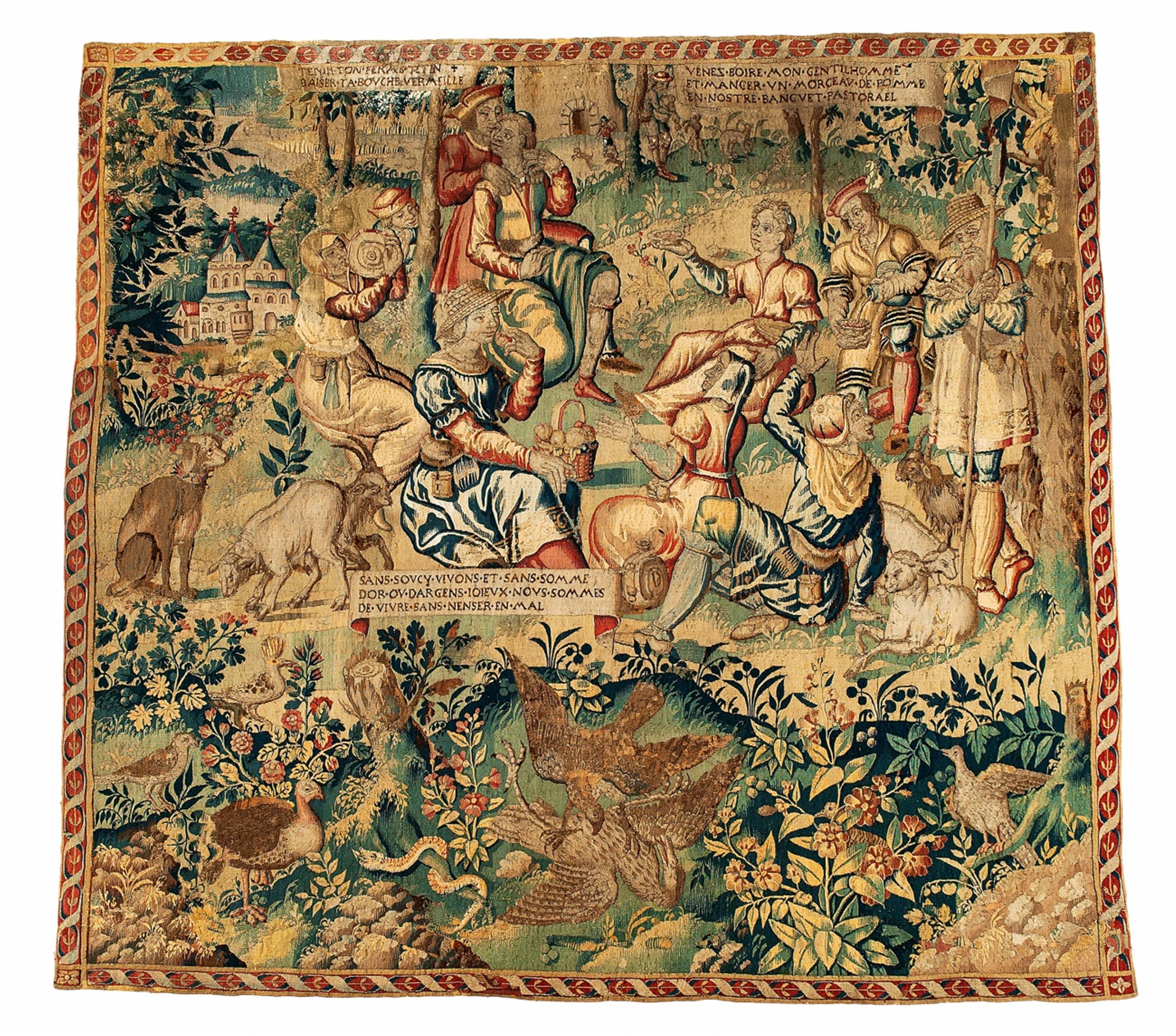 A wool and silk tapestry "Sans soucy vivons..." - image-1