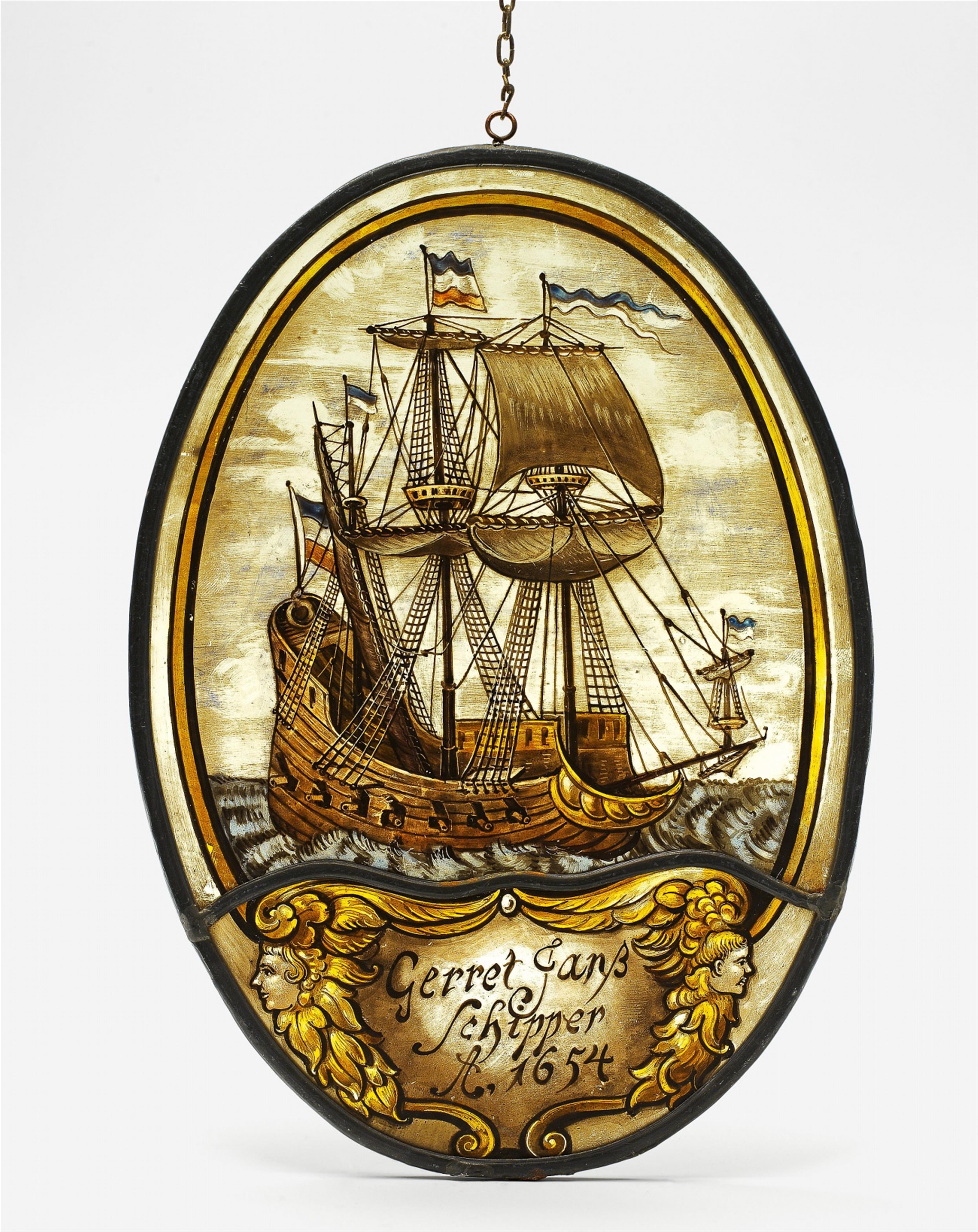 A Dutch oval stained glass panel with a ship - image-1