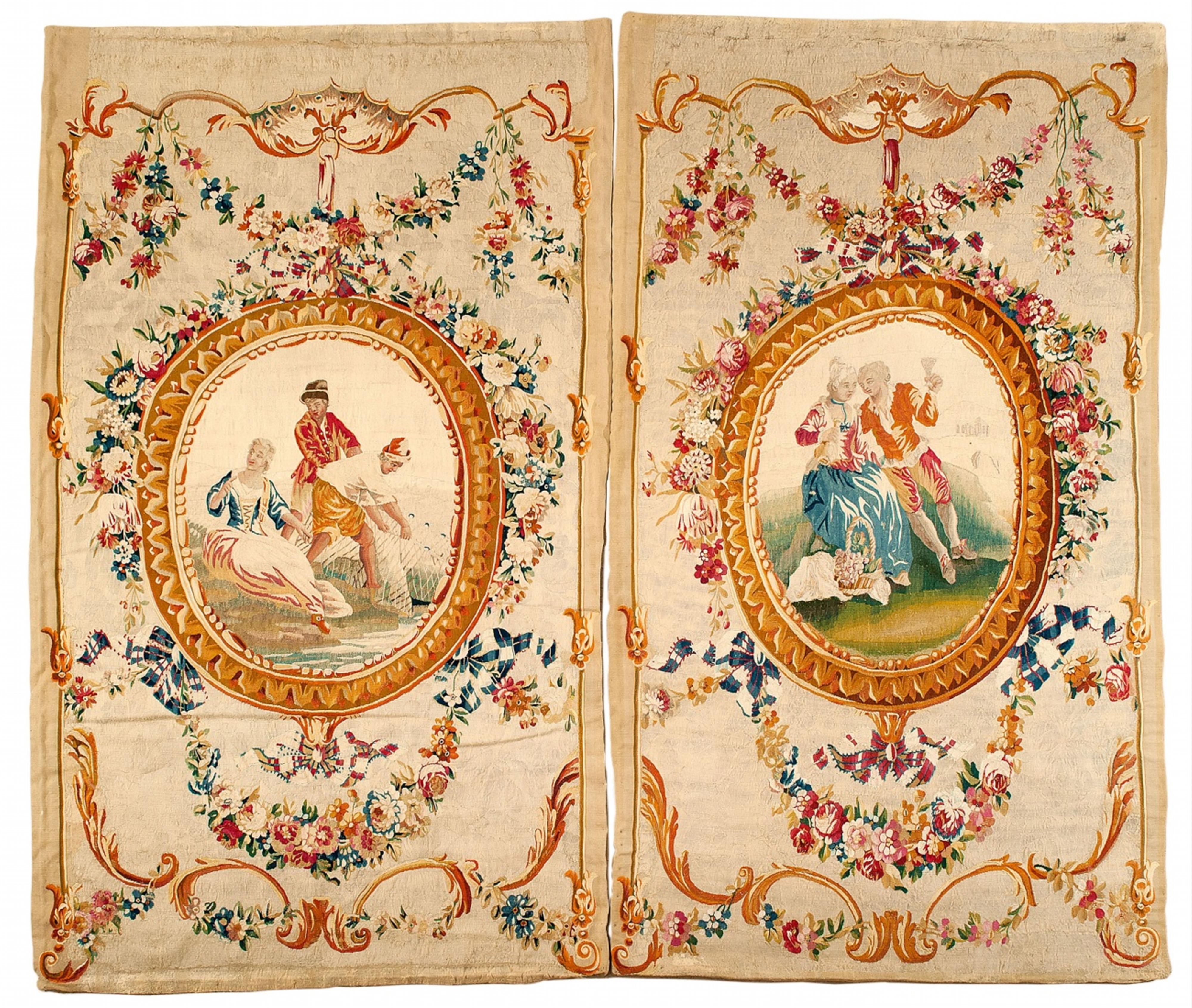 A pair of Louis XVI Aubusson wool and silk wall hangings - image-1