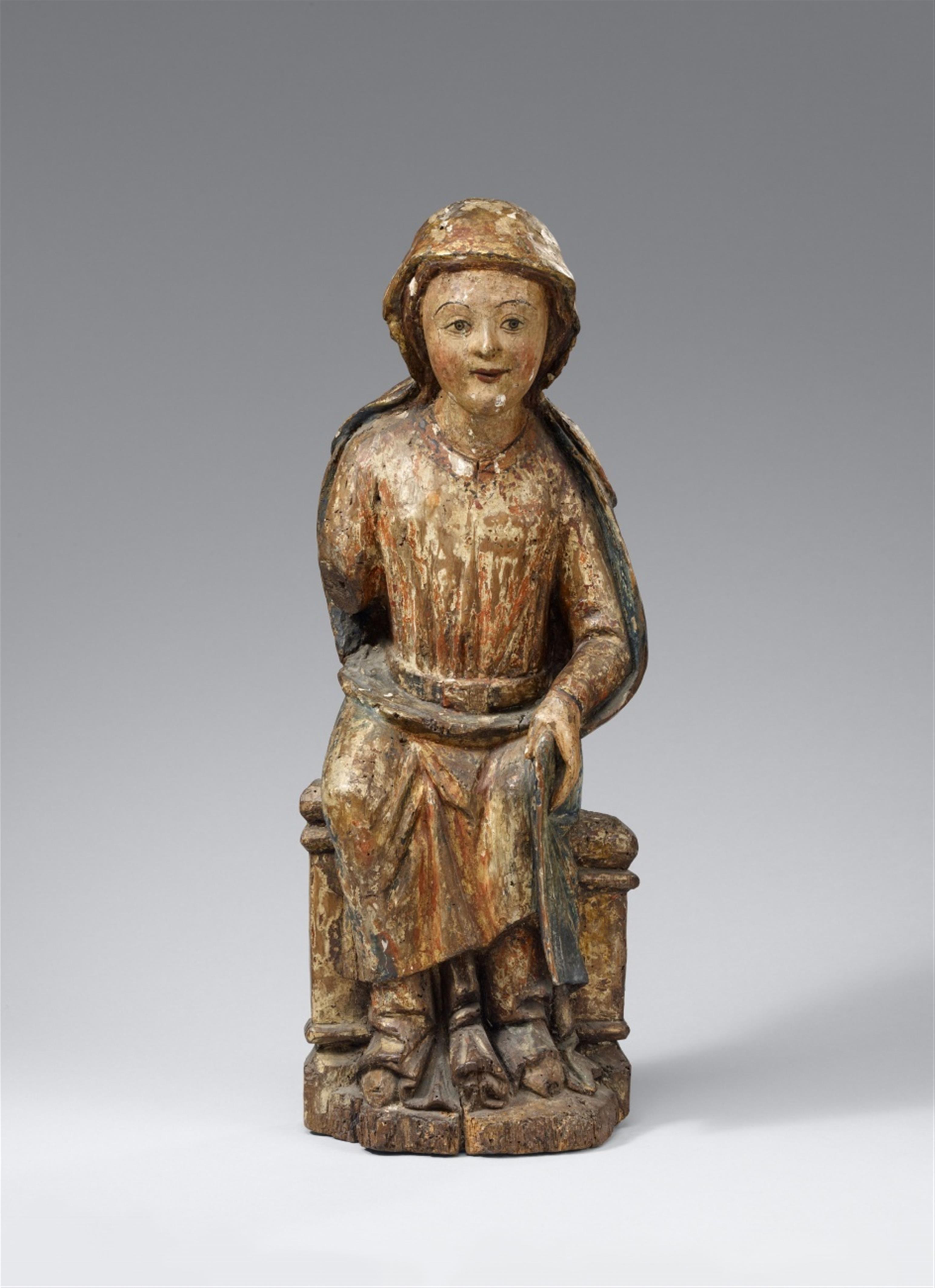 Probably Spain 13th century - A presumably Spanish 13th century carved wooden figure of the Virgin enthroned. - image-1