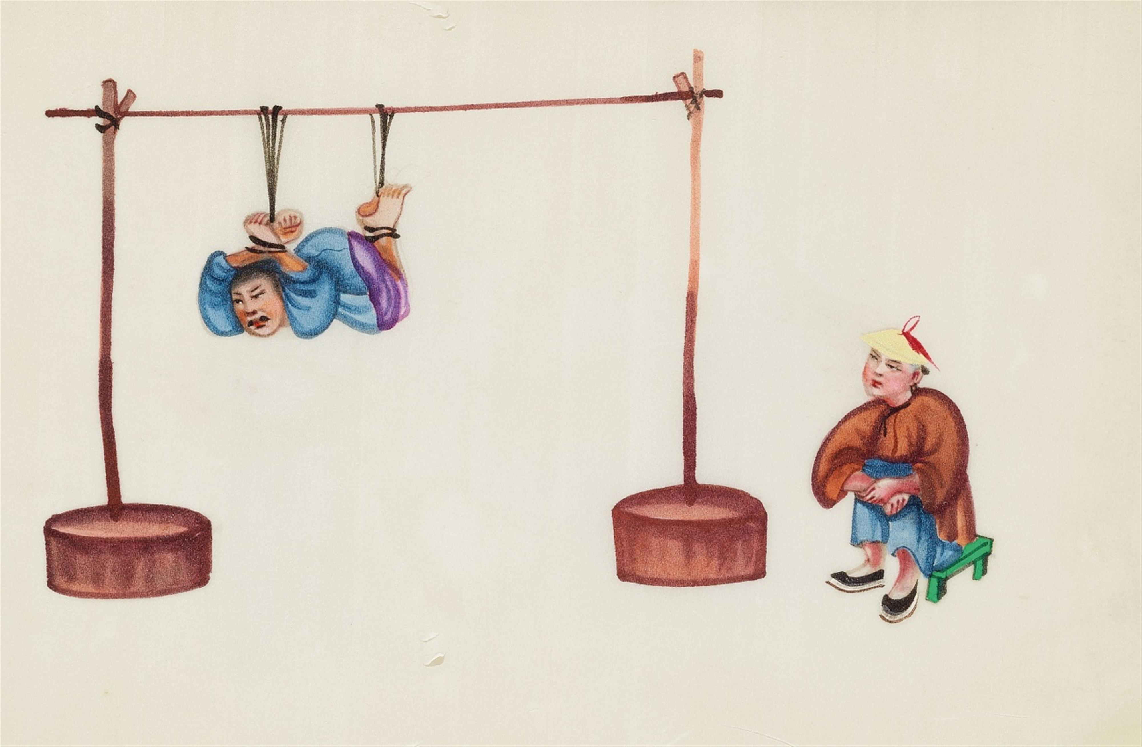 Anonymous painter . Canton. 19. Jh. - An album with ten paintings depicting scenes of punishment and torture. Colours on pith paper, laid down on paper with a silk ribbon. Cloth covered covers. Canton. 19th century. - image-4