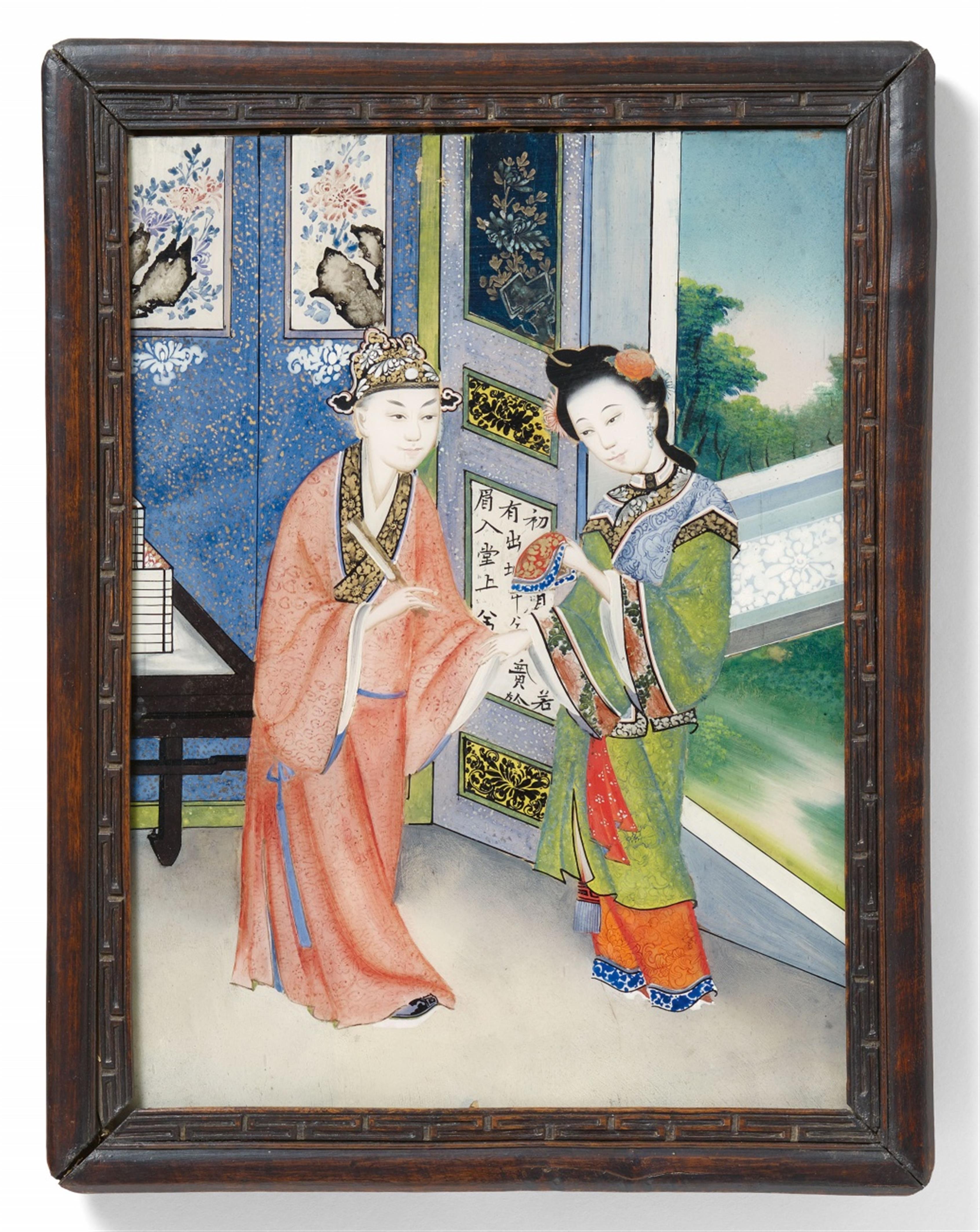 Anonymous painter . 19th century - Three reverse glass paintings depicting young lovers, a lady playing the guqin, and a scene from the "Gengzhitu" (Pictures of Tilling and Weaving). 19th century. All three frame... - image-1