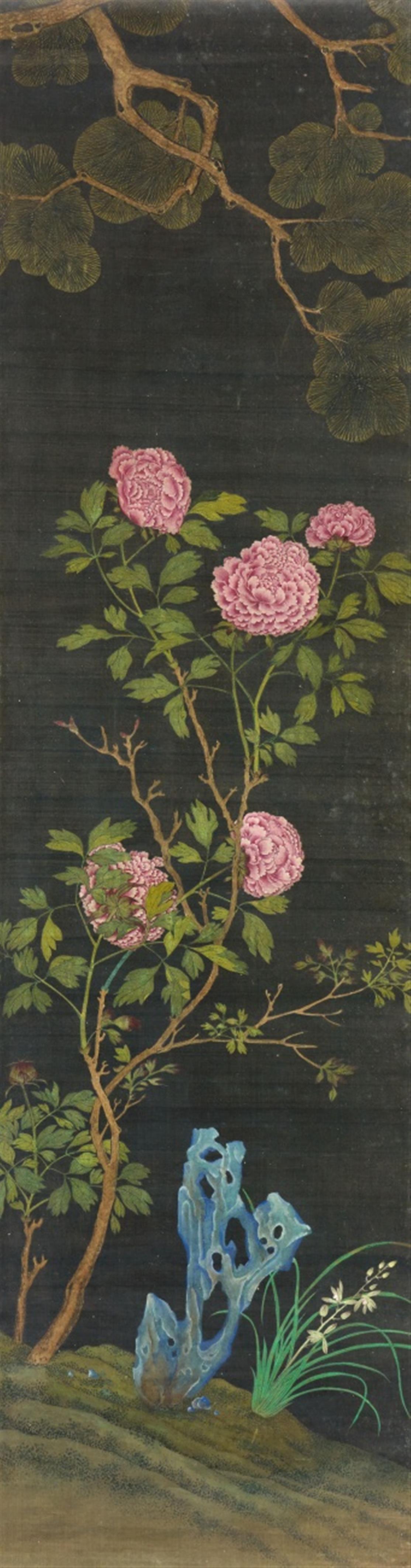 Anonymous painter . 19th/20th century - Pine and peonies by a taihu rock. Ink and colour on silk. 19th/20th century.  - image-1