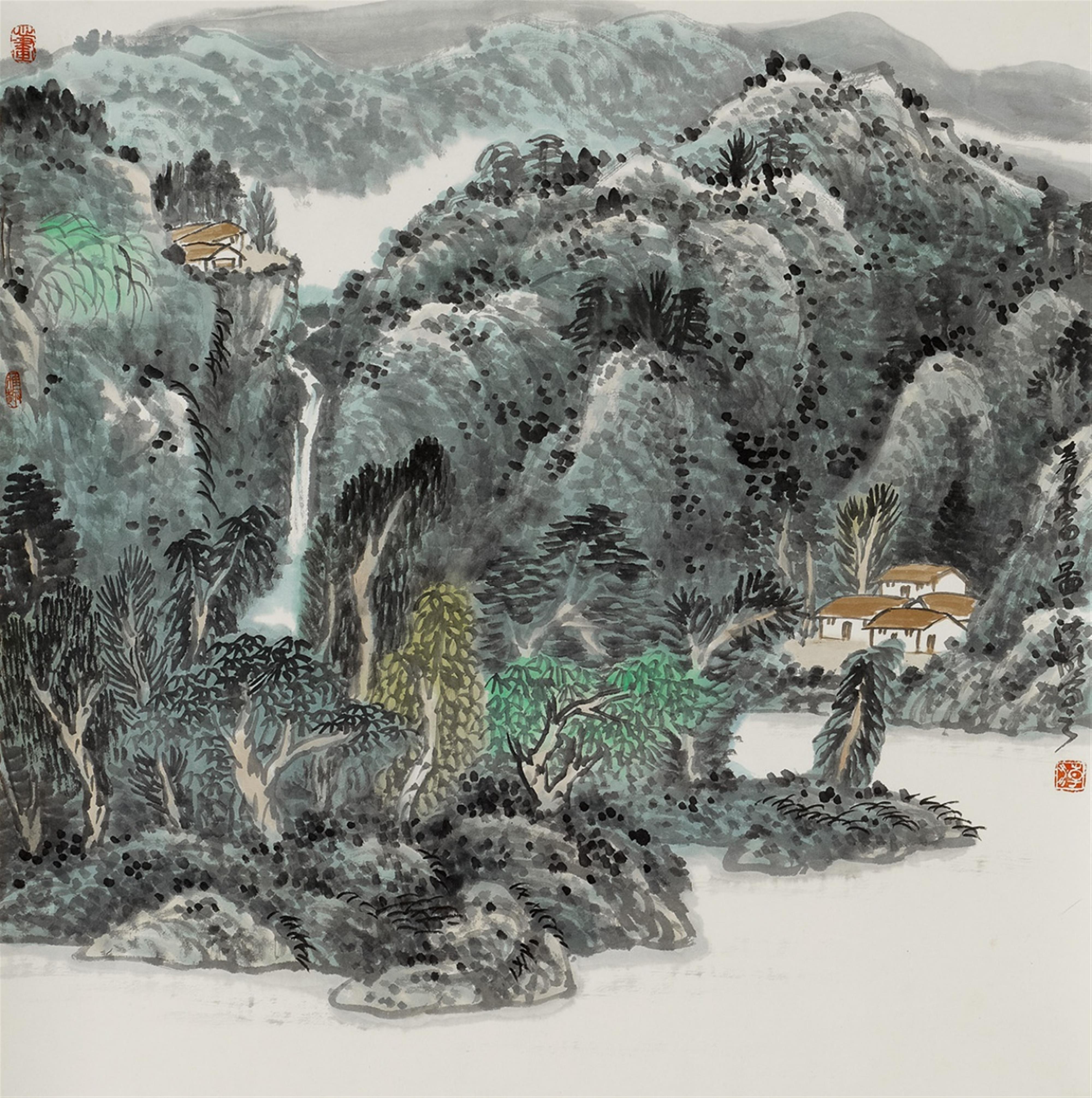 Hong Chao - Landscape. Hanging scroll. Ink and colour on paper. Inscription, signed Hong Chao and sealed Hong, xin hua and one more seal. - image-1