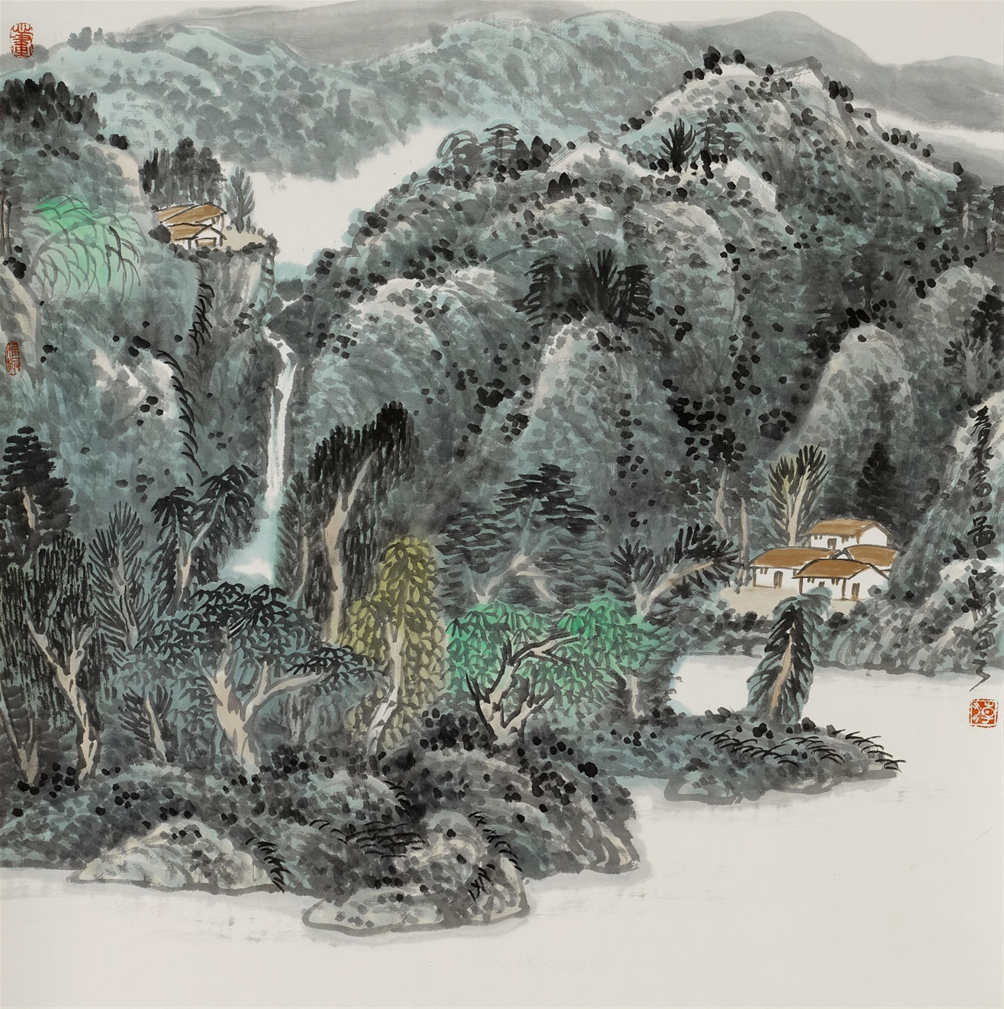 Hong Chao - Landscape. Hanging scroll. Ink and colour on paper. Inscription, signed Hong Chao and sealed Hong, xin hua and one more seal. - image-2