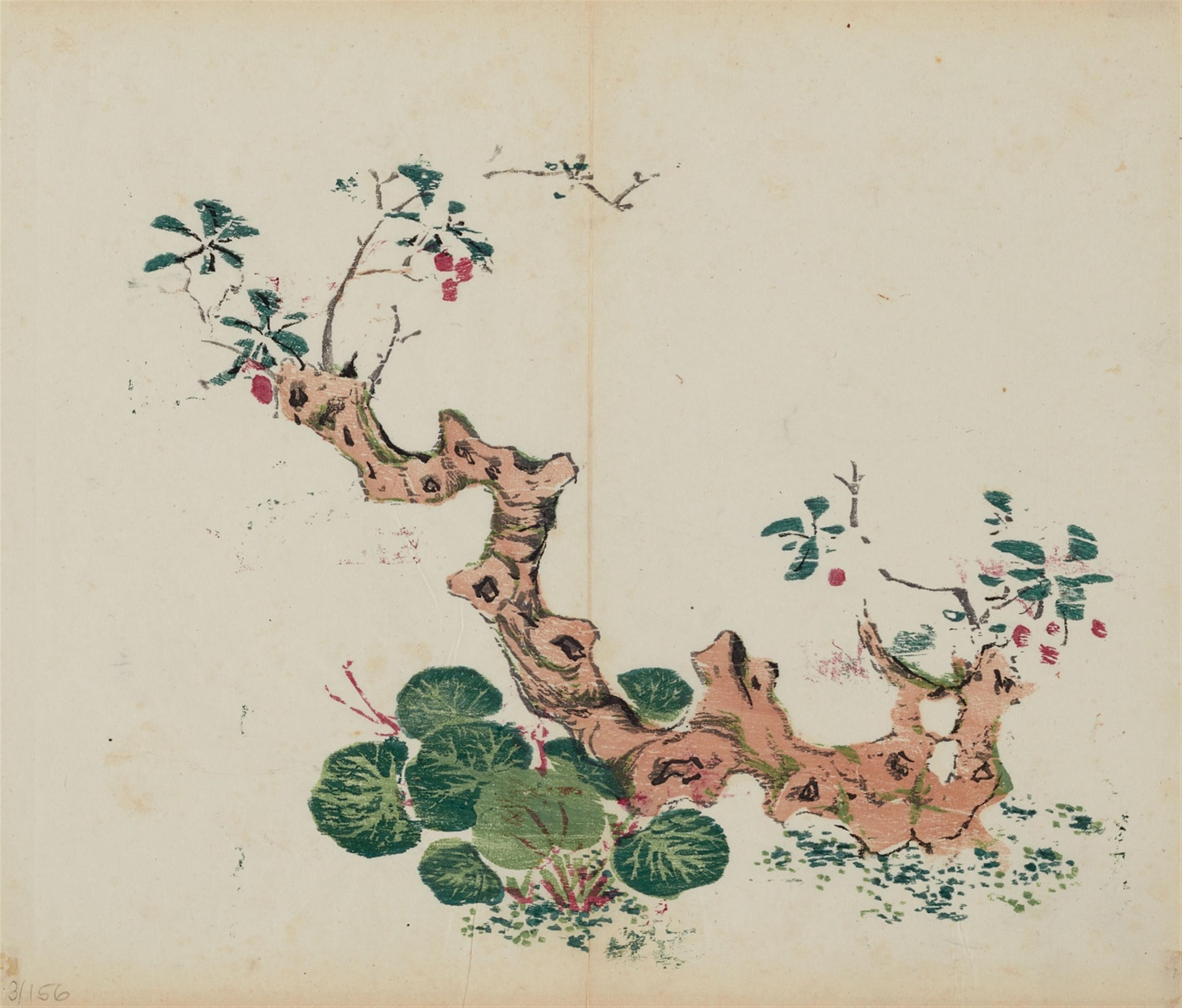 Various artists . 19th century - 26 colour woodblock prints from the Jieziyuan huazhuan (The Mustard Seed Garden painting manual), depicting different flowers, insects, birds, stones and mountains. 19th century... - image-2