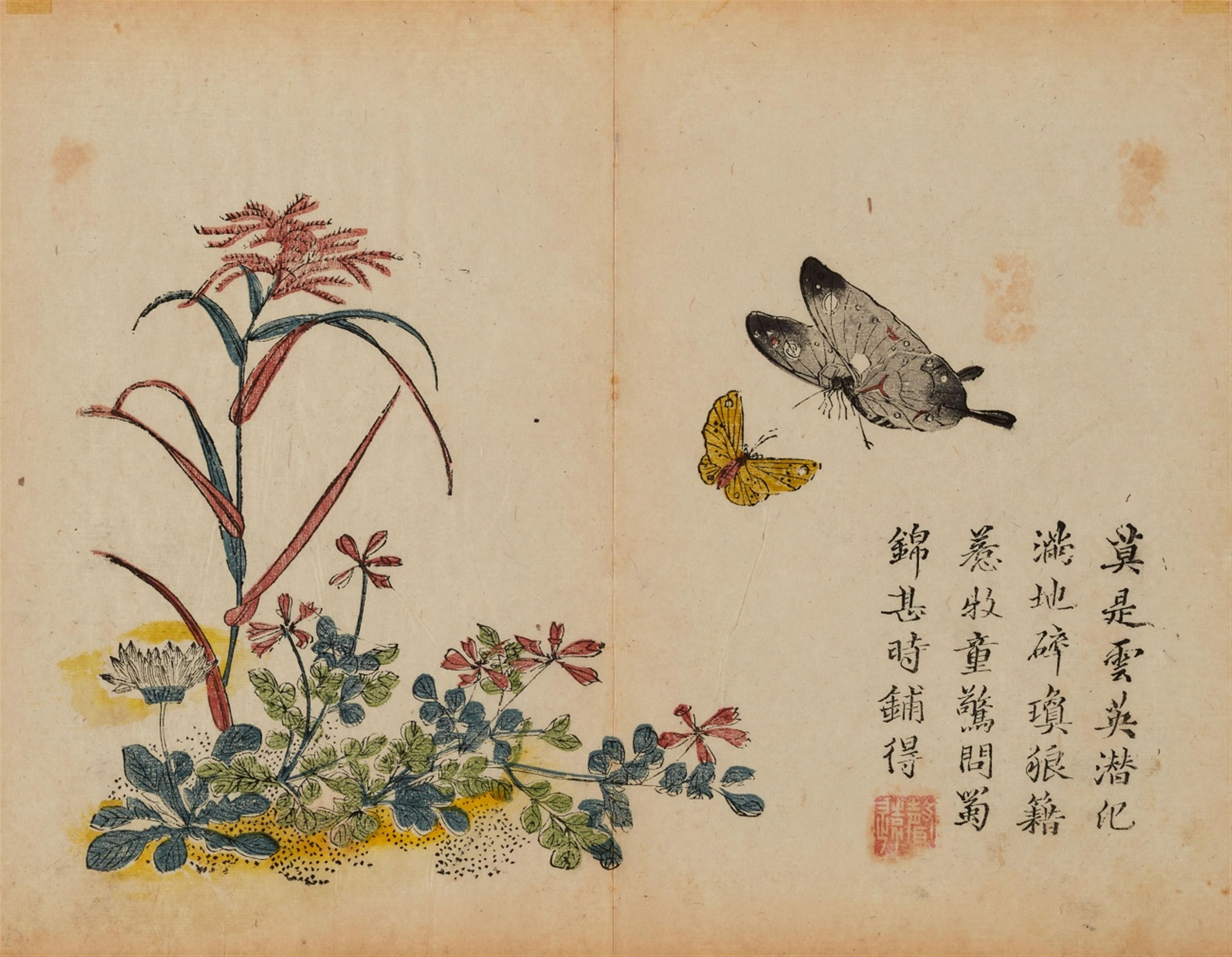 Verschiedene Künstler . 19. Jh. - 25 Blätter aus dem "Jieziyuan huazhuan" (Handbuch der Malerei aus dem Senfkorngarten) mit verschiedene Blüten (vier edlen Pflanzen), Insekten- und Vogel-Motiven, Berge und Stein... - image-3