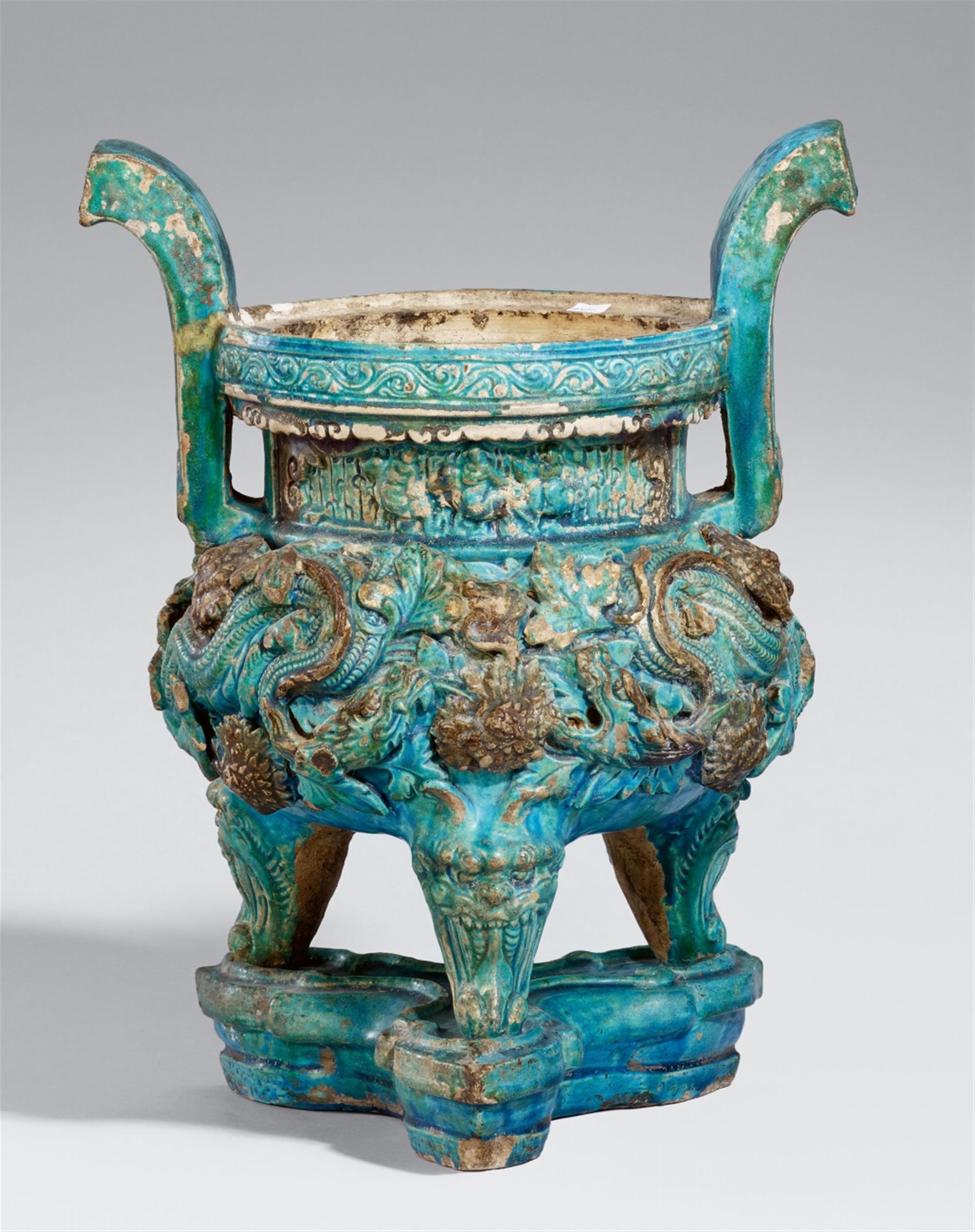 A large turquoise and aubergine-glazed tripod incense burner. Ming dynasty (1368-1644) - image-1