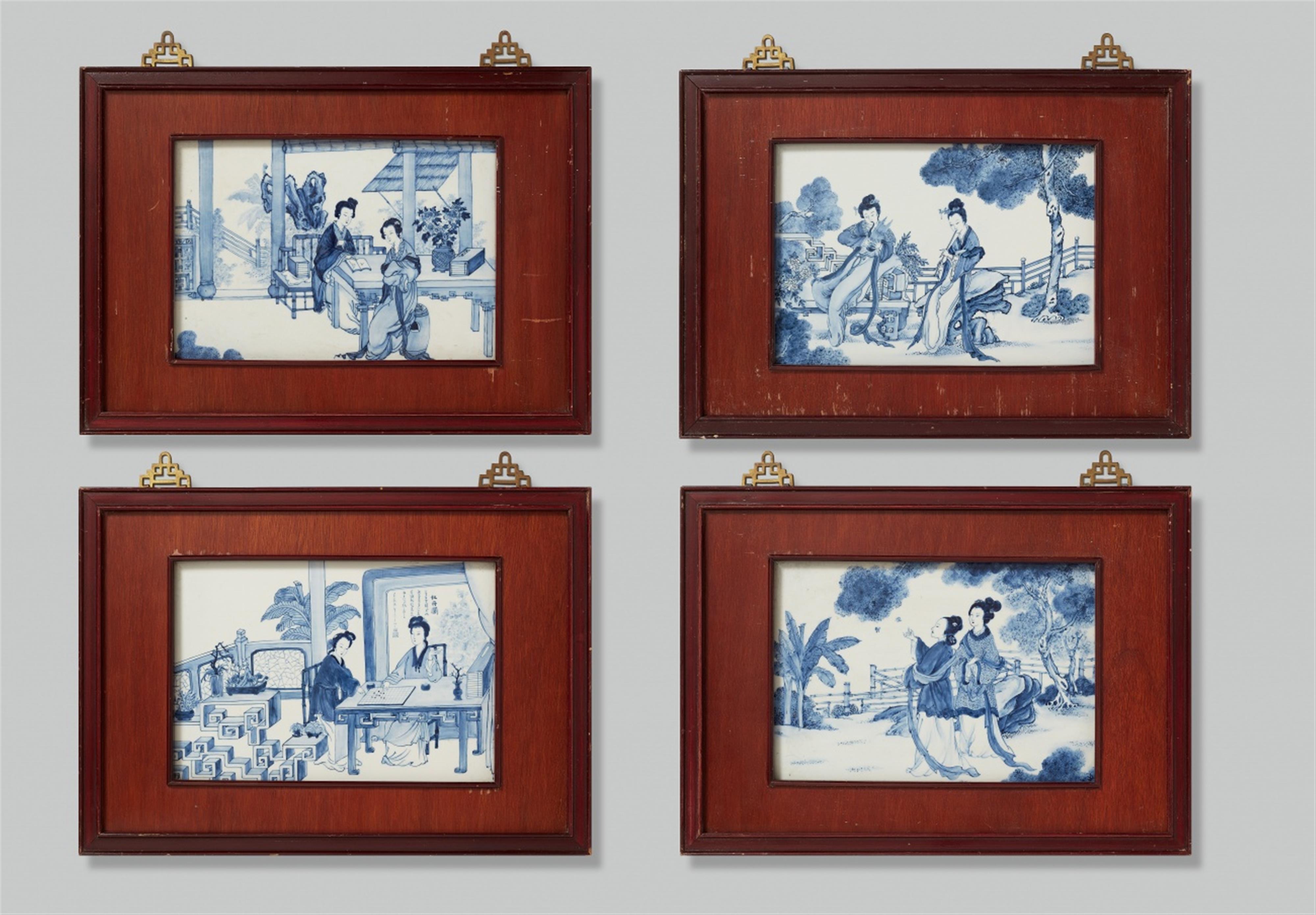 Four rectangular framed blue and white panles. 19th/20th century - image-1