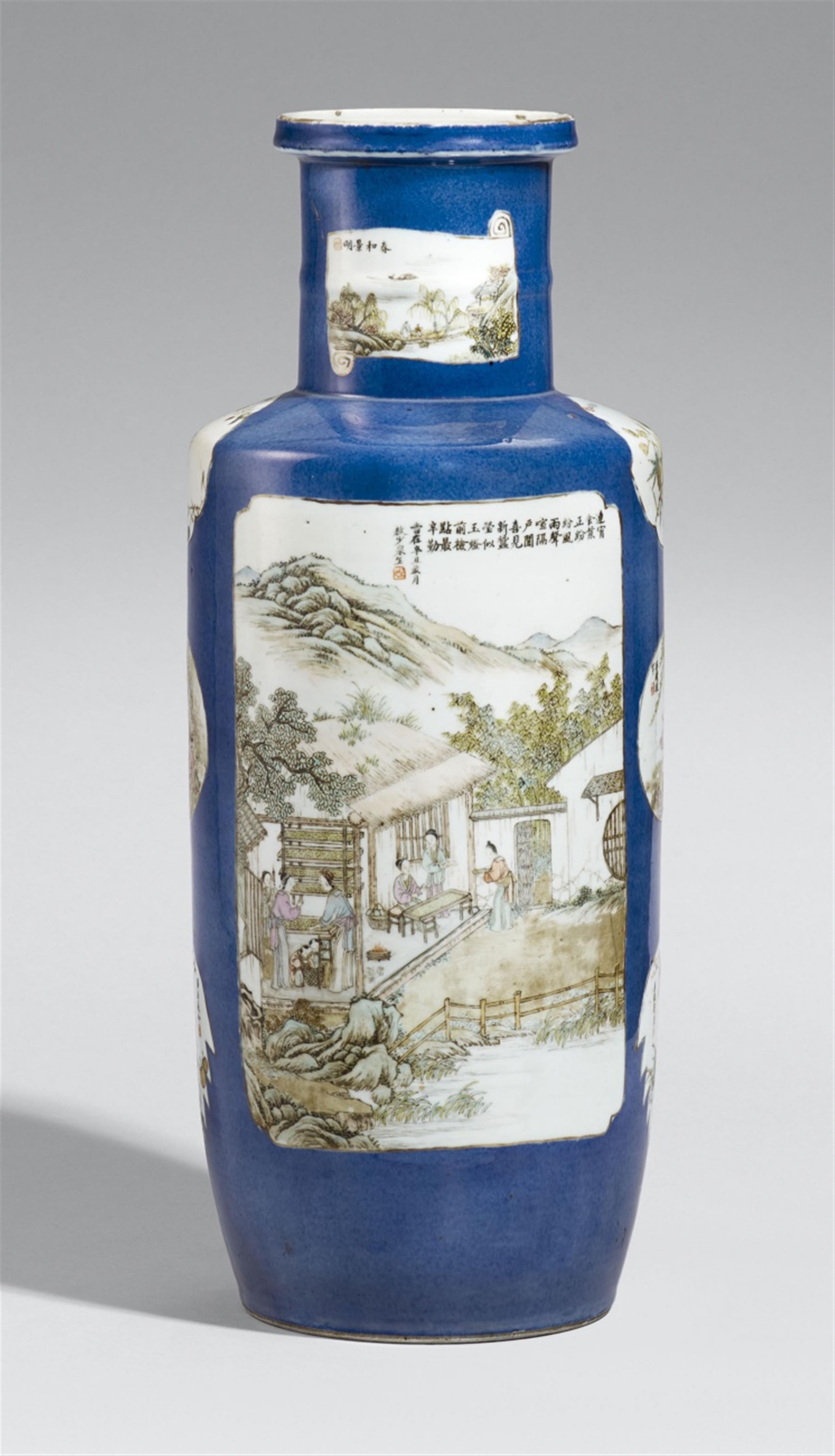 A famille verte "Gengzhitu" powder-blue-ground rouleau vase. First half 20th century - image-1