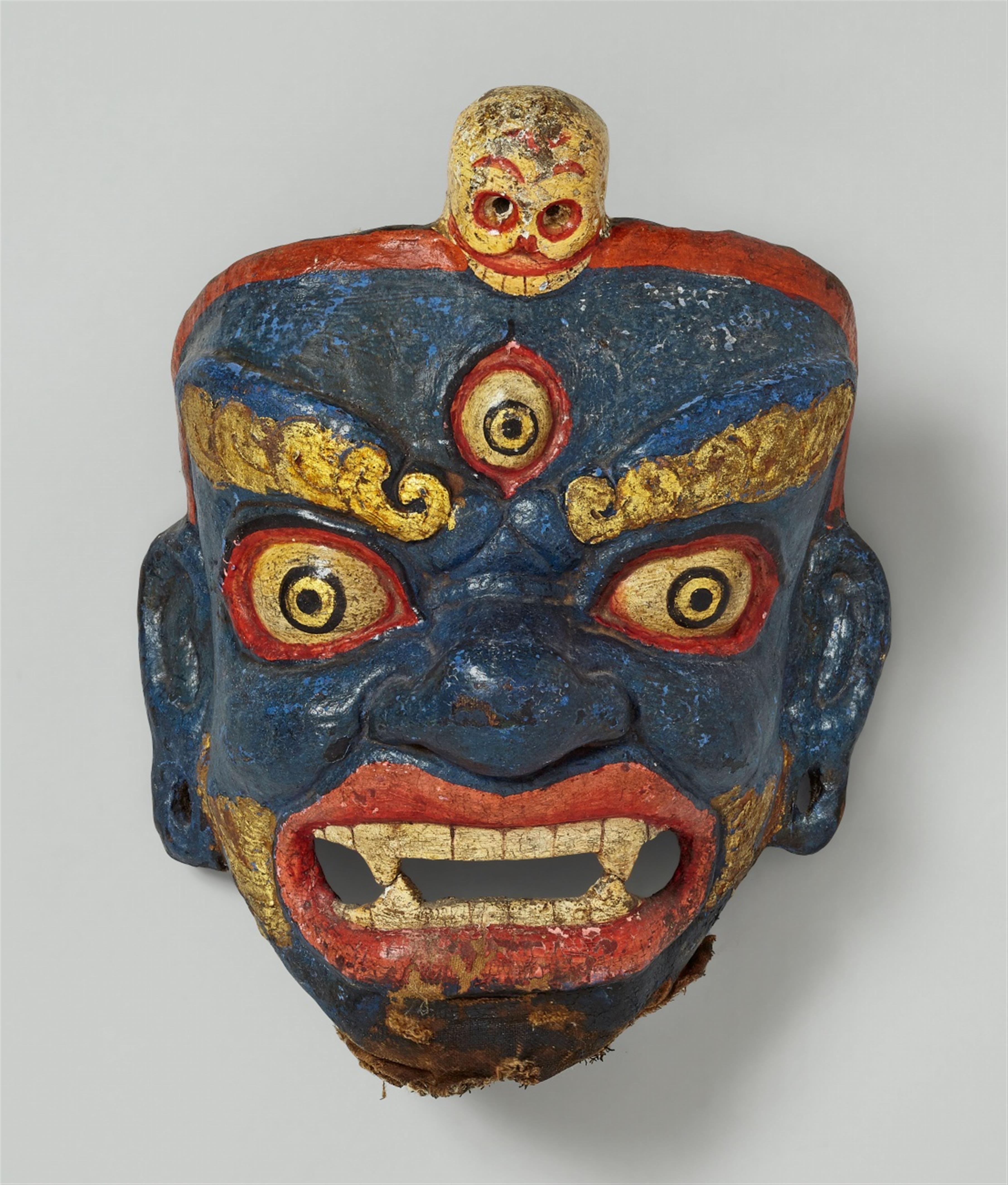 A Tibetan polychromed papier-maché mask of a dharmapala. 19th century - image-1