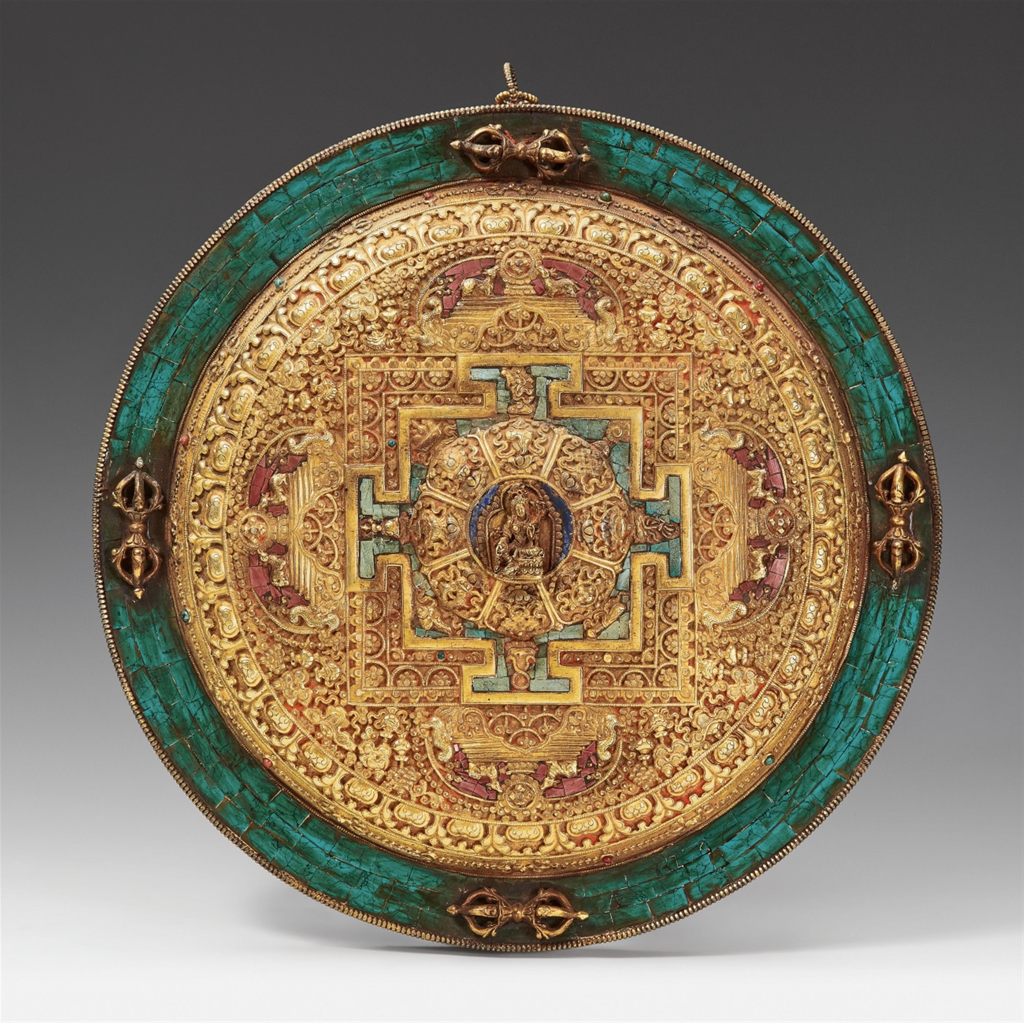 A Tibetan embossed gilt metal mandala of Syamatara - image-1