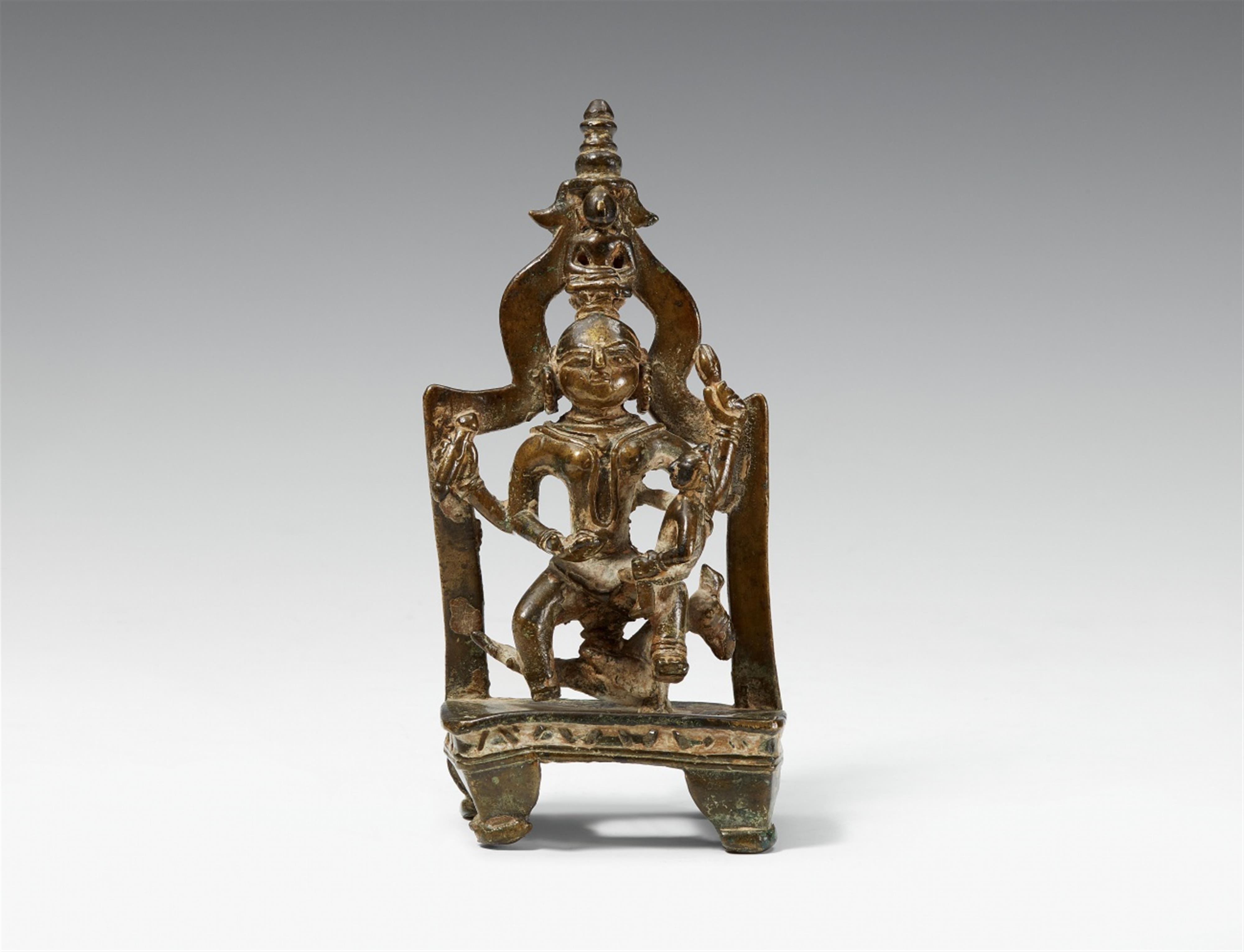 A Gujarati/Rajasthani copper alloy shrine of jaina yakshi Nirvani. Dated 1593 - image-1