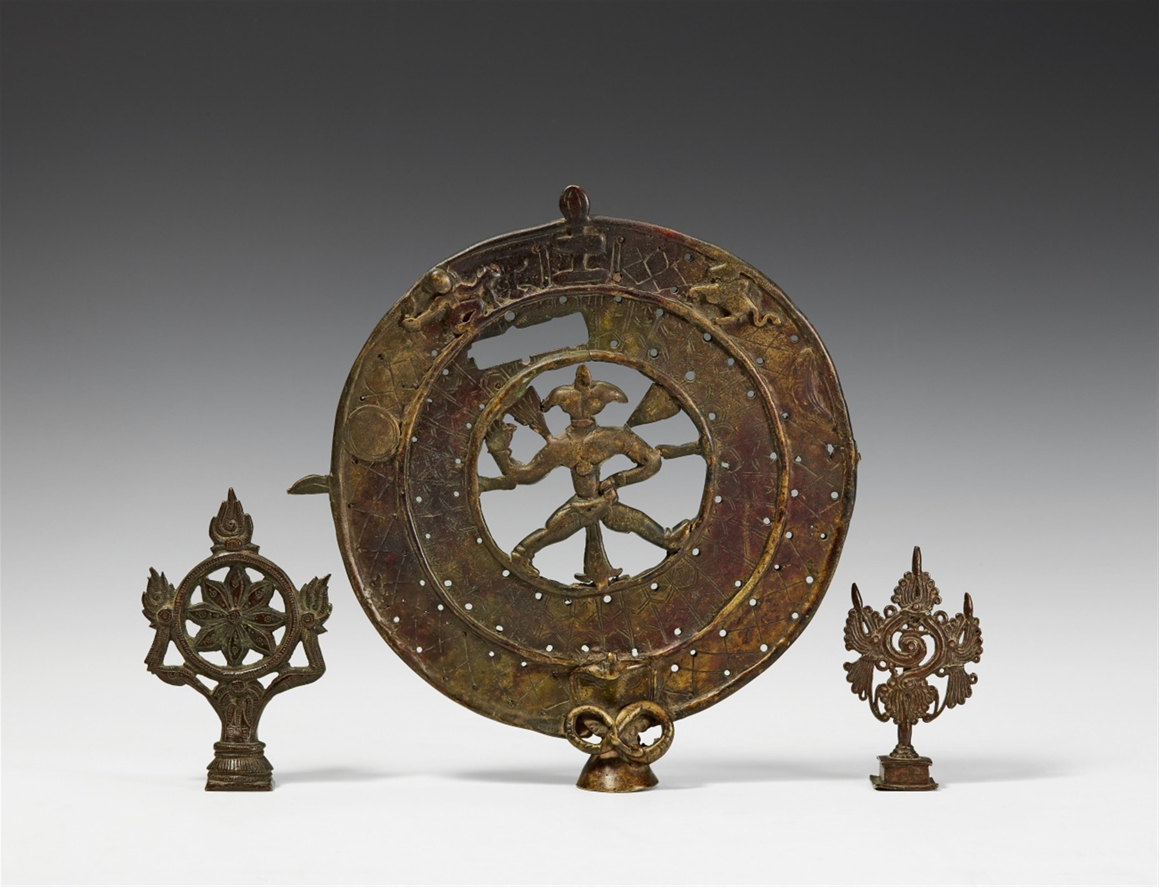 Three Maharashtra copper alloy staff finials. 19th century - image-1