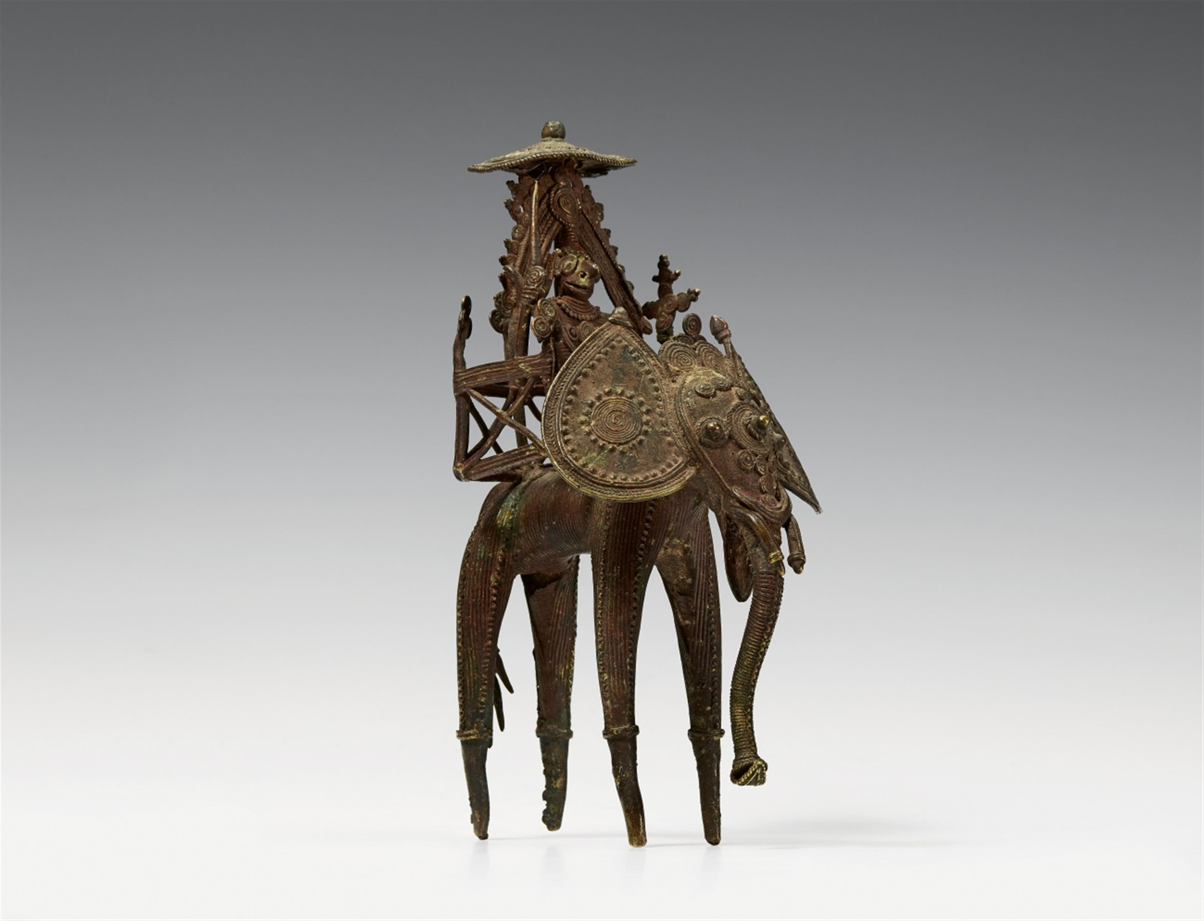 A Bastar copper alloy figure of a warrior riding an elephant. 20th century - image-1